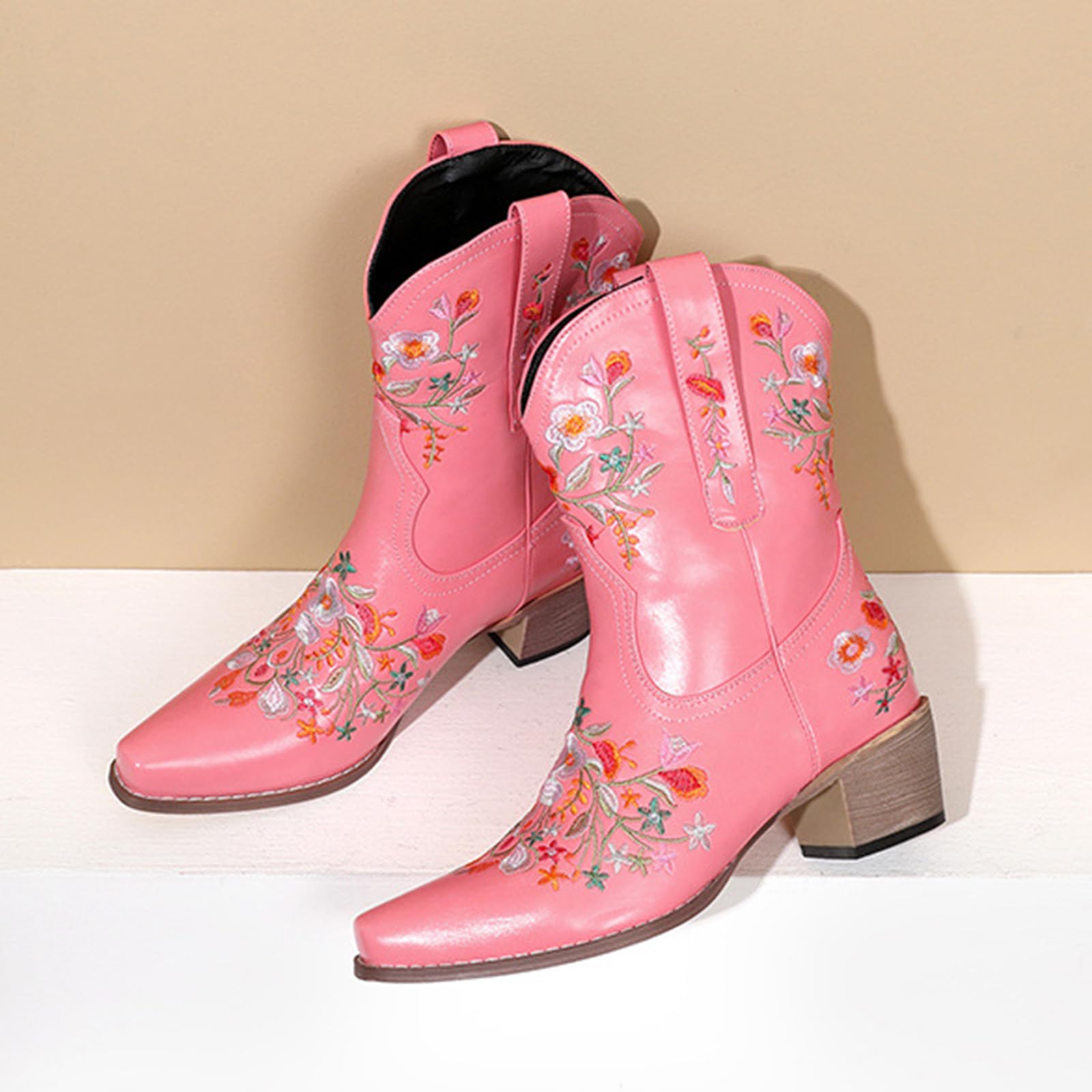 Botines de vaquero para mujer, de piel, diseño floral, bordados, botas de media caña para mujer, botas medianas, botines vintage