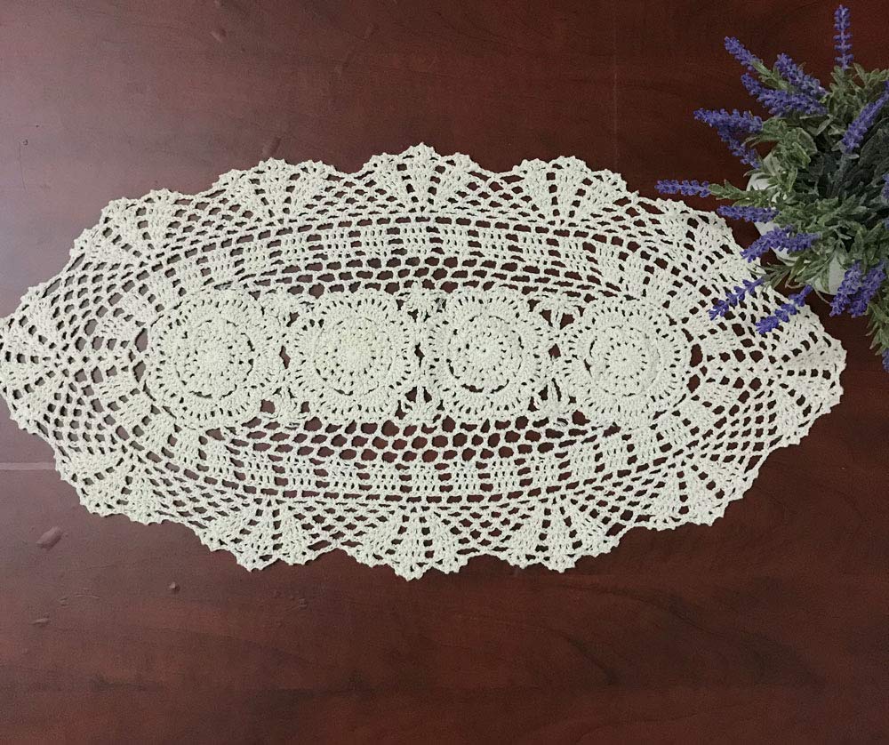 Hetao Beige 12X27 100% Cotton Handmade Crochet Lace Table Runners Oblong Tablecloth Doilies Doily,