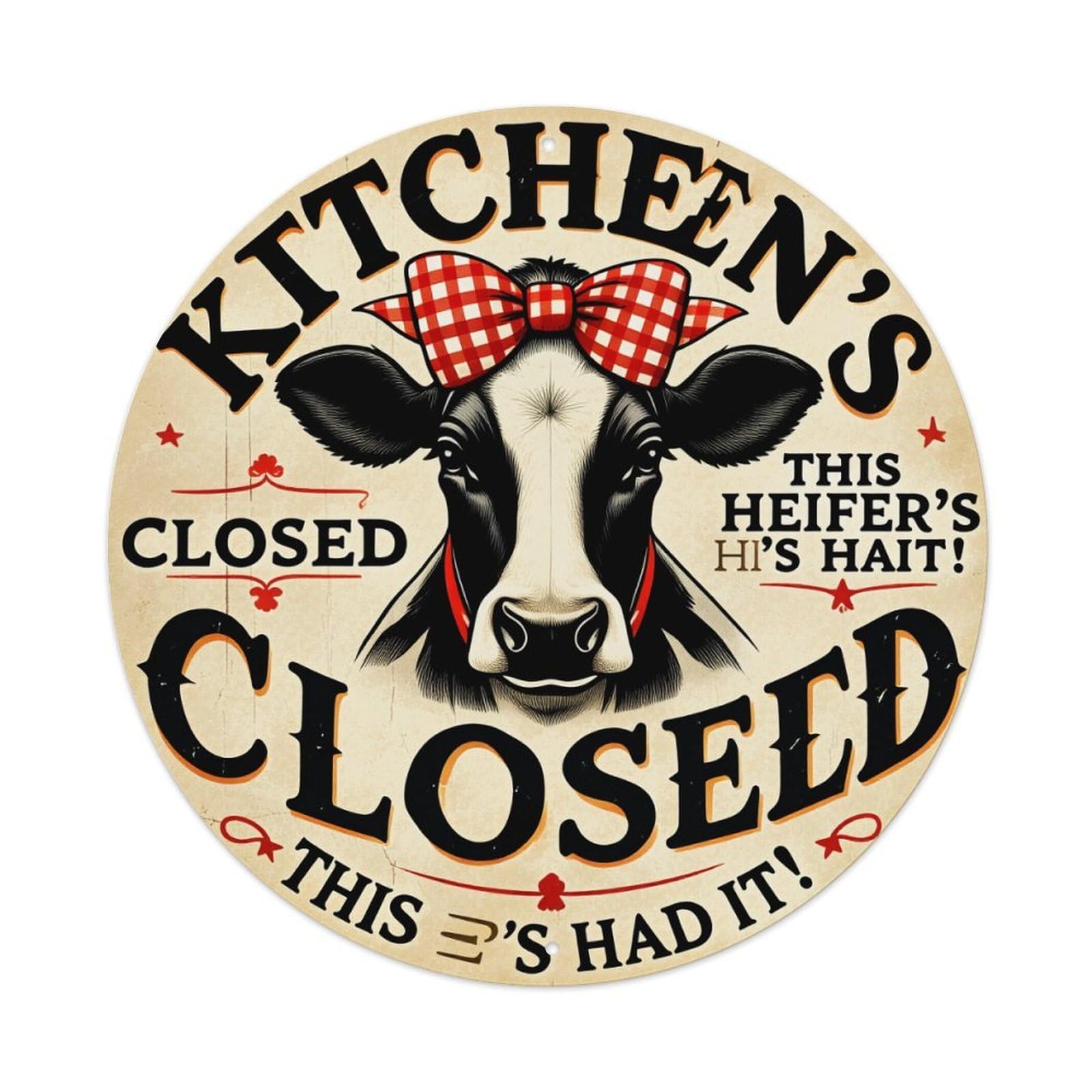 Cow With Bow And Text Round Tin Sign Vintage Metal Poster, Home Bar Garage Man Cave Cafe Indoor & Outdoor Wall Decoration 8x8Inches