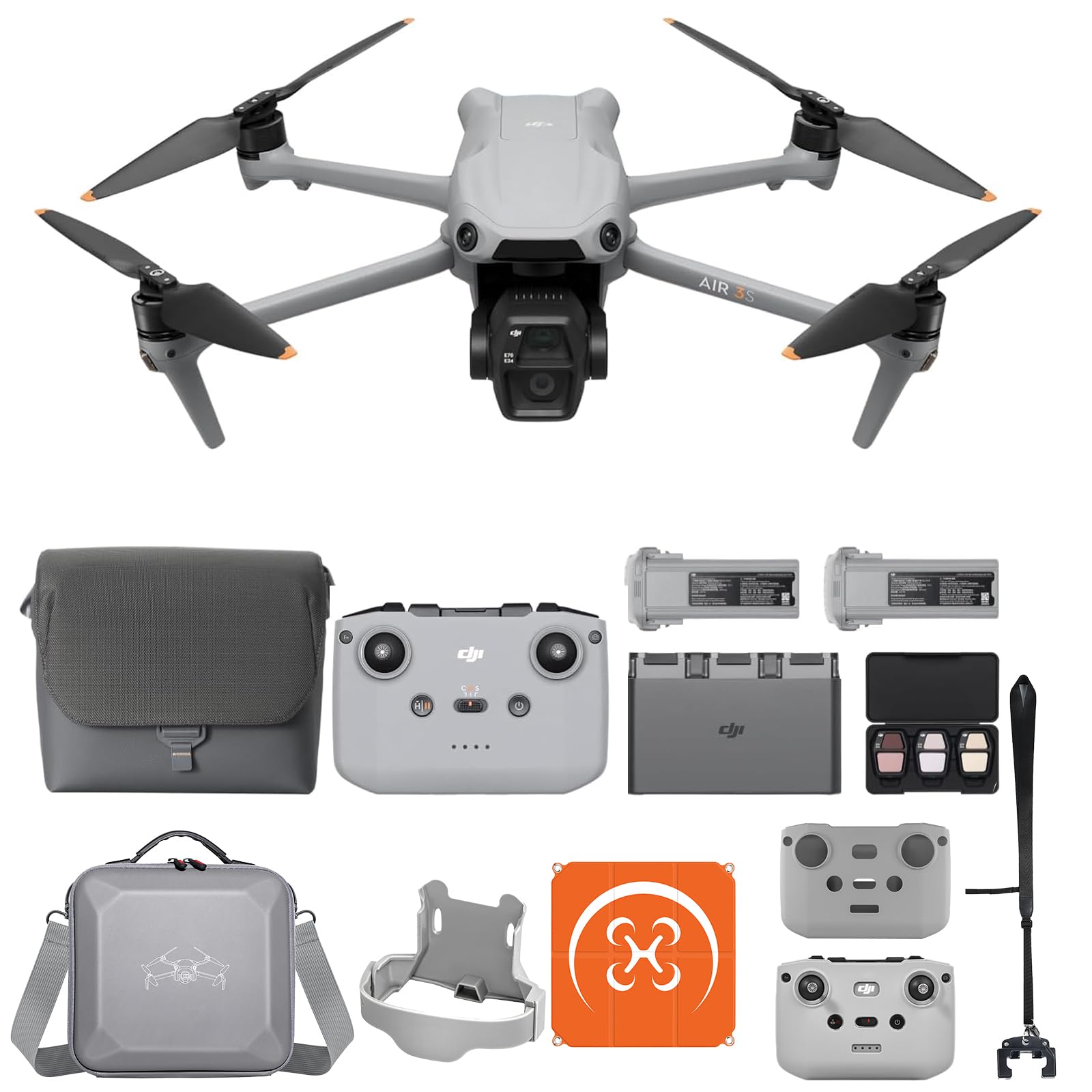 DJI Air 3S Fly More Combo (RC-N3) mit Vielseitiges Zubehör, Drohne mit 1“ CMOS Weitwinkel- & mittlerer Telekamera, 4K/60fps HDR Video, omnidirektionale Hinderniserkennung bei Nacht und 3 Akkus
