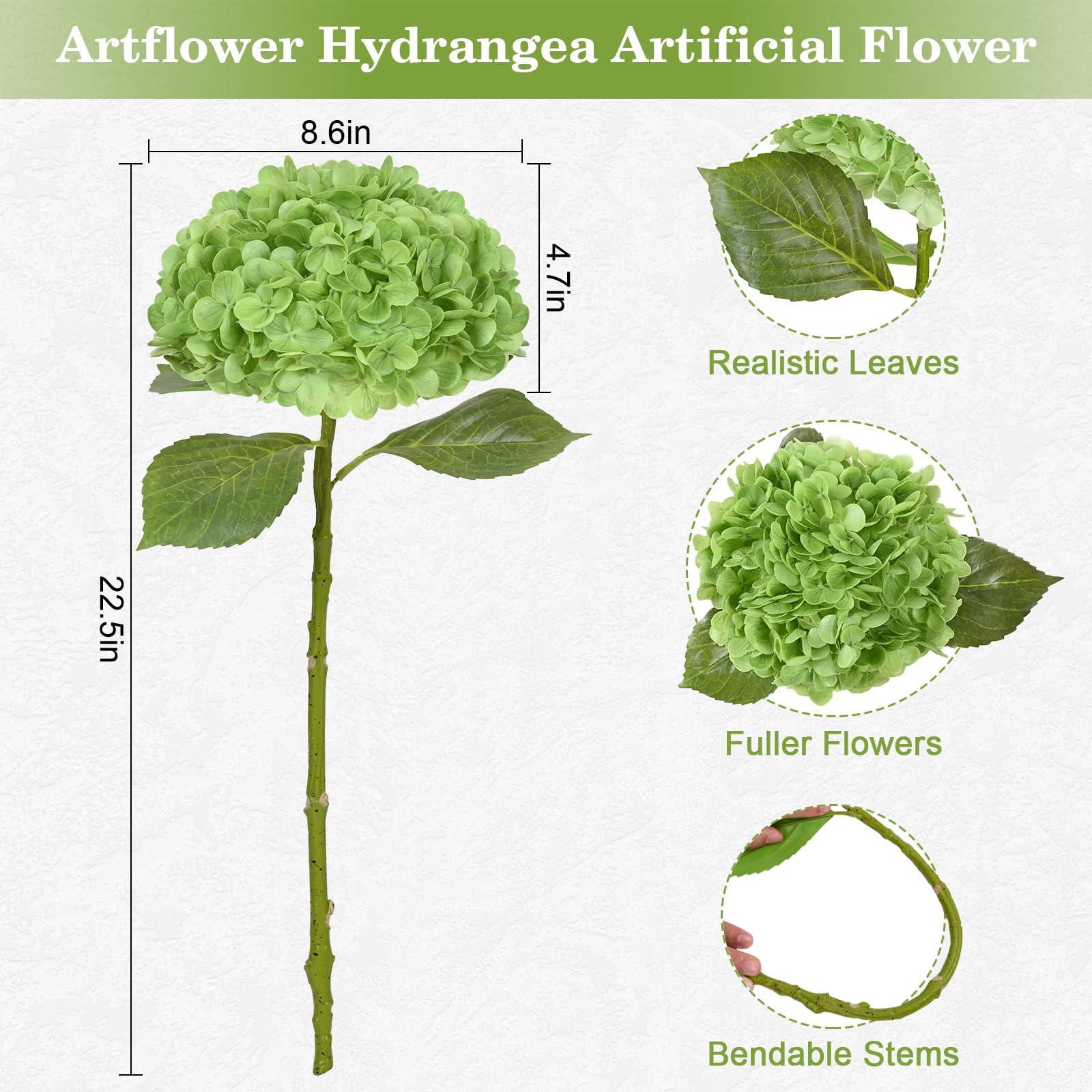 Artflower 4 fiori artificiali di ortensia realistica al tatto, 57,8 cm, bianchi e verdi, in lattice, per la decorazione della casa, composizioni floreali, bouquet da sposa, centrotavola, decorazioni