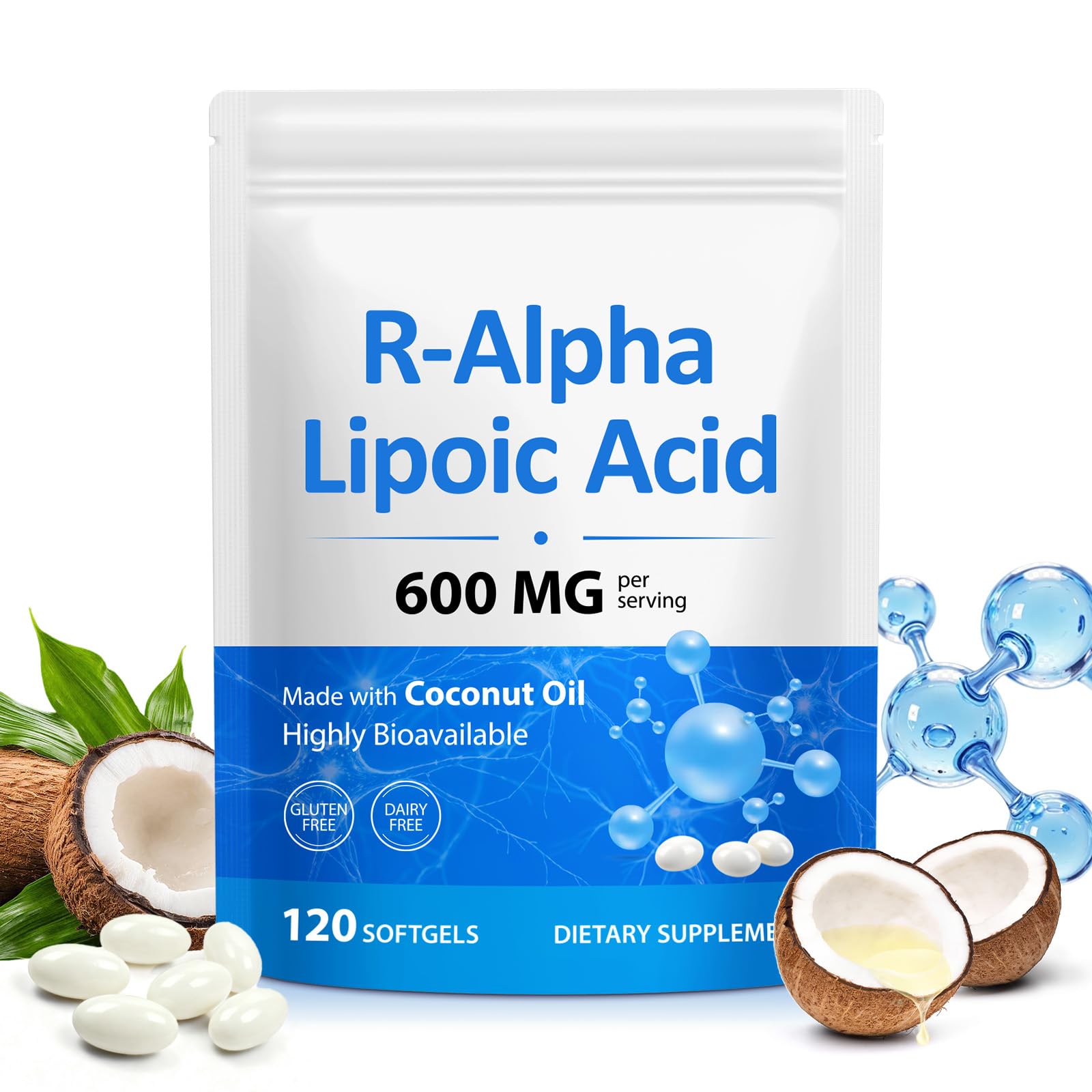 R-Alpha Lipoic Acid Softgels 600mg per Serving 120 Softgels, Antioxidant & Cellular Energy Support, Enhanced Bioavailability Formula with Coconut Oil 120 Count (Pack of 1)