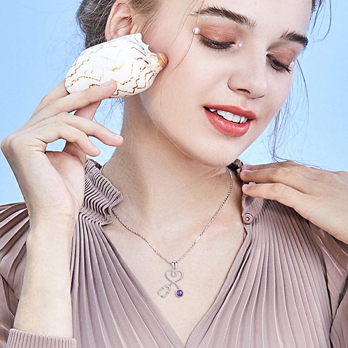 AOBOCO Stethoscope Necklace 925 Sterling Silver Embellished with 12 Months Birthstone Crystals from Austria, Graduation Gifts Medical Jewelry for Doctor Nurse Medical Student RN - Image 4