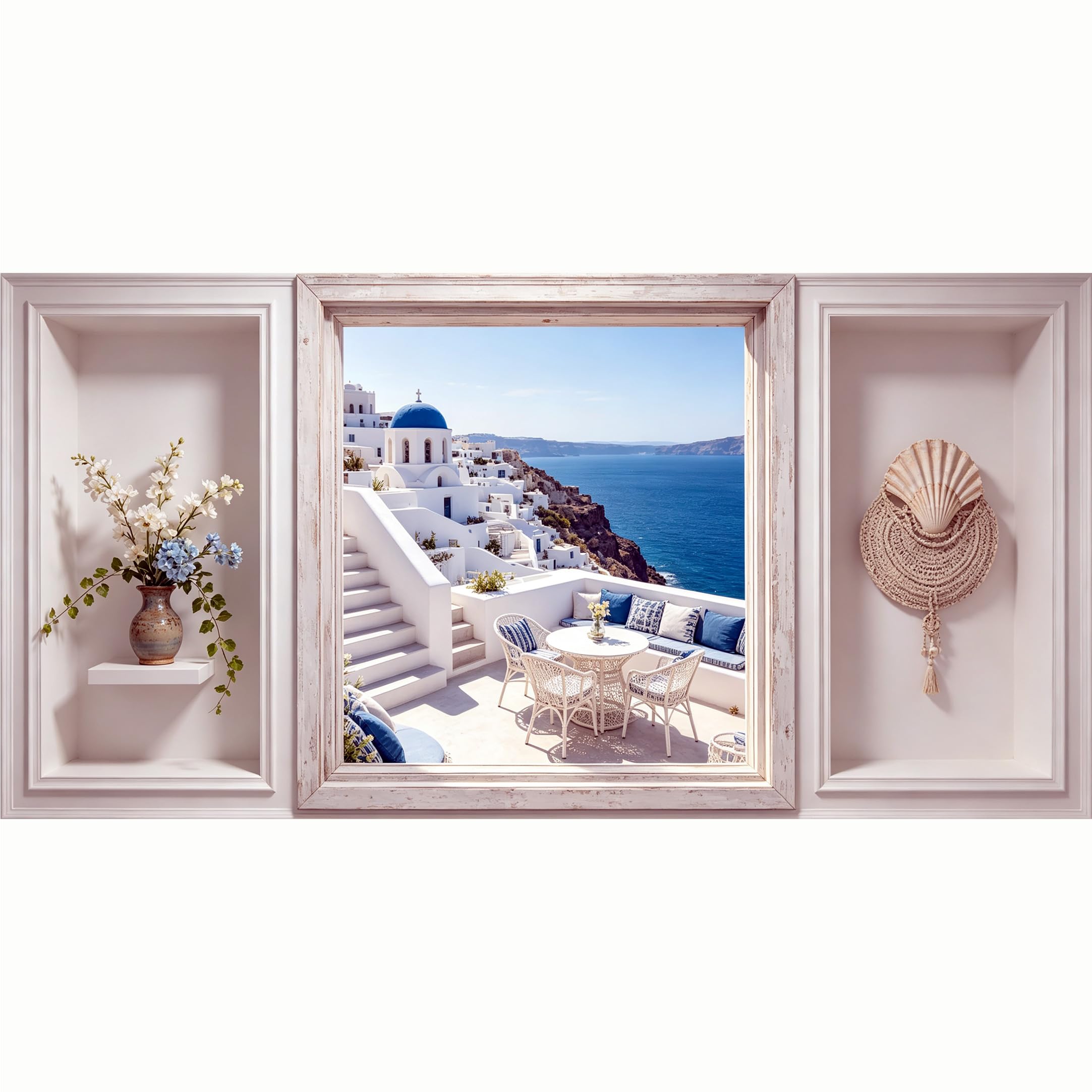 QZLITHOTIC 50x100cm 3D Framed Wall Art， Mediterranean Coastal Santorini Sea View SelfAdhesive Mural， WaterActivated Peel & Stick Fabric Decor Wall Decal for Bedroom Living Room