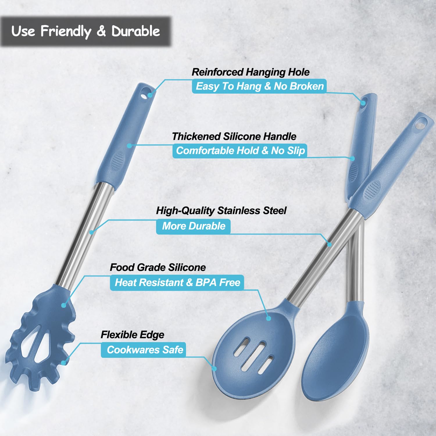 Espátula de silicona y cuchara de cocina, paquete de 5 cucharas y espátulas sólidas y ranuradas de silicona resistente al calor para cocina, mango de acero inoxidable recubierto con silicona,