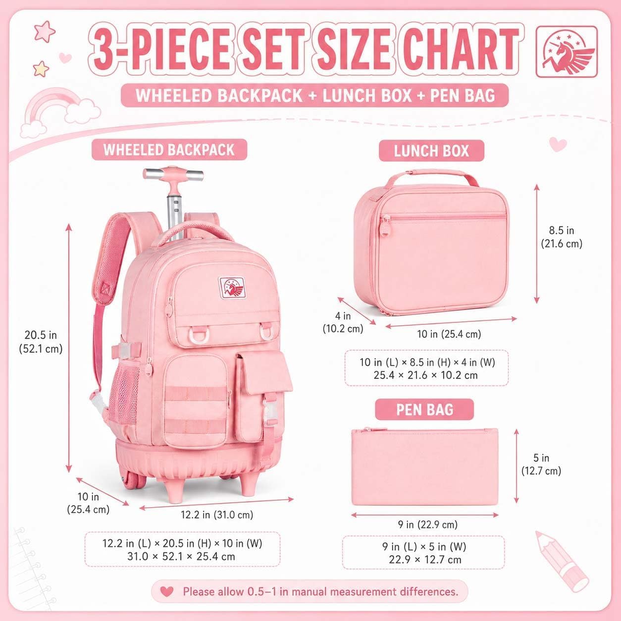 WZLVO Rolling Backpack for Girls Women, 21 inch Water Resistant Roller Wheels Backpacks, Wheeled Bookbag with Lunch Bag for Teen Elementary School Travel - Pink