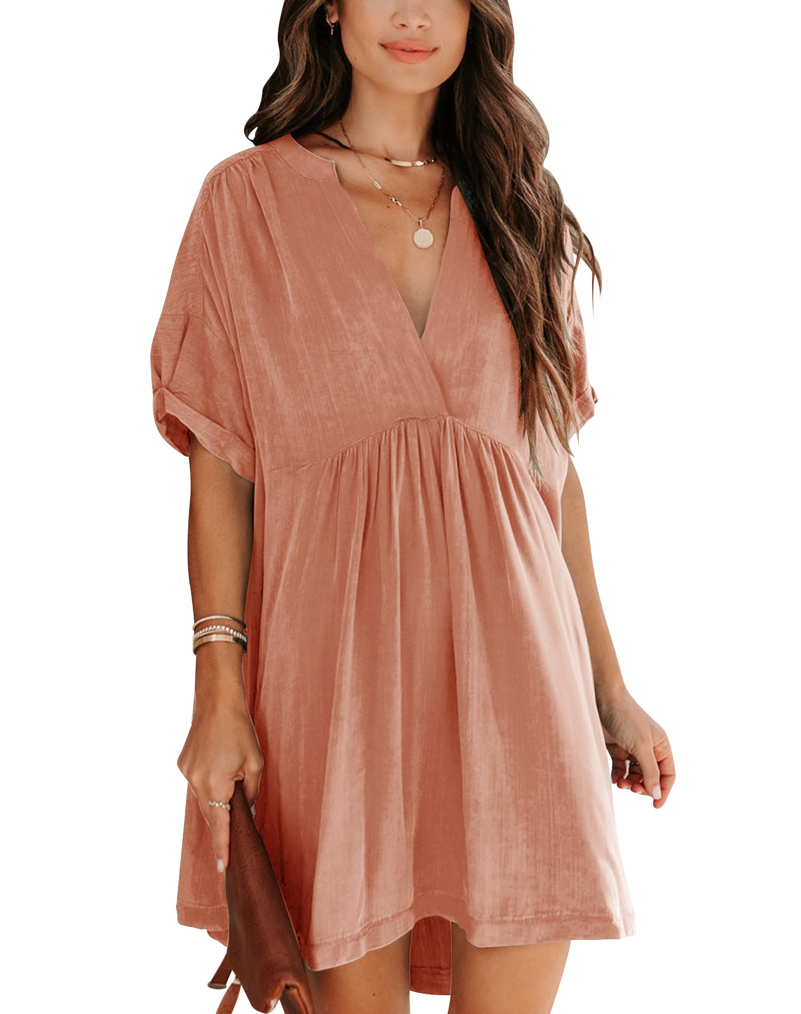 Minclouse Women's Babydoll Short Sleeve Tunic Dress V Neck Cute Casual Loose Dresses Medium Coral Pink