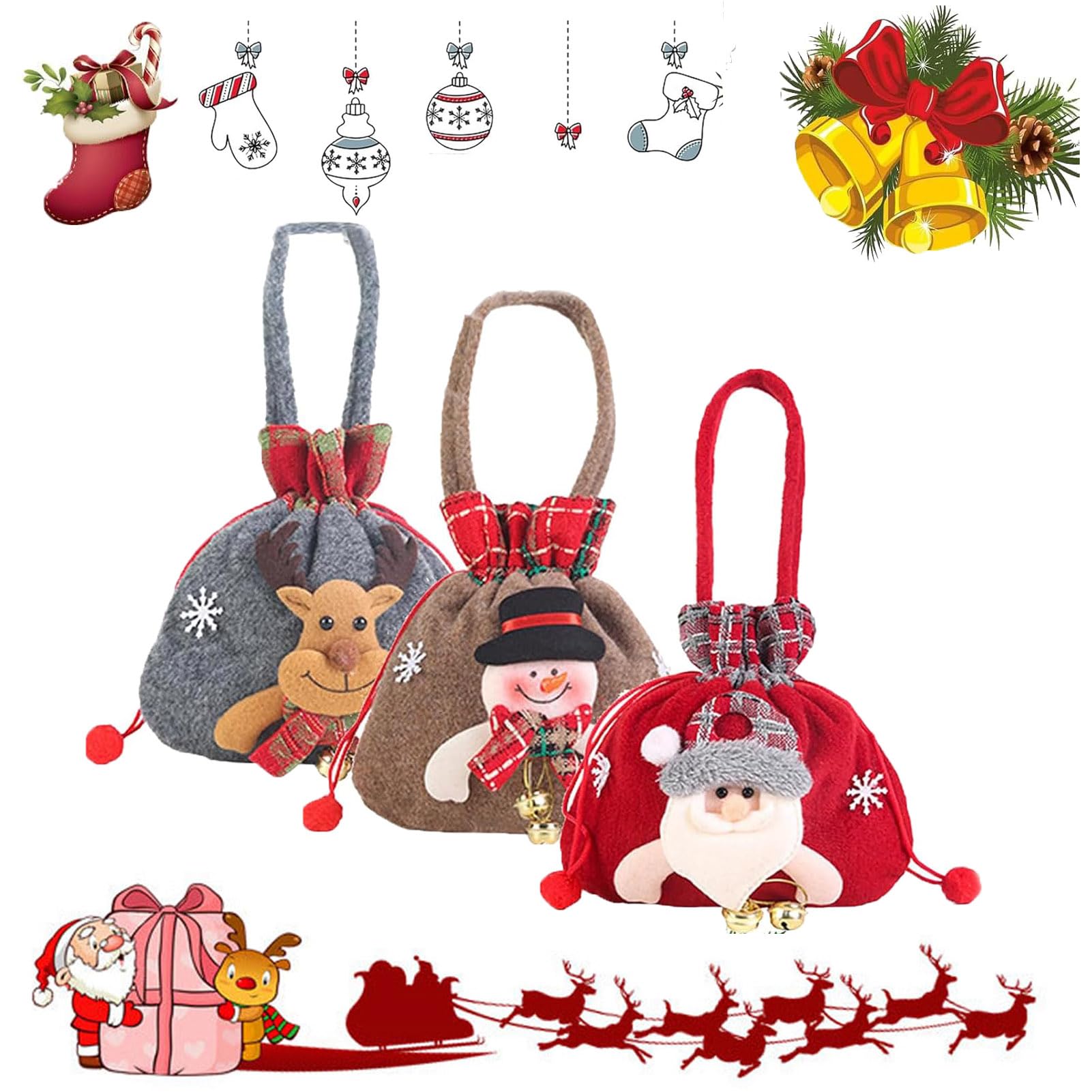 Christmas Gift Bags Zipper Design, Christmas Gift Doll Bags, 2024 Christmas Gifts for Kids, Festive Christmas Gift Santa, Reindeer and Snowman Gift Bags, Small Christmas Gift Bags (3pcs-A)