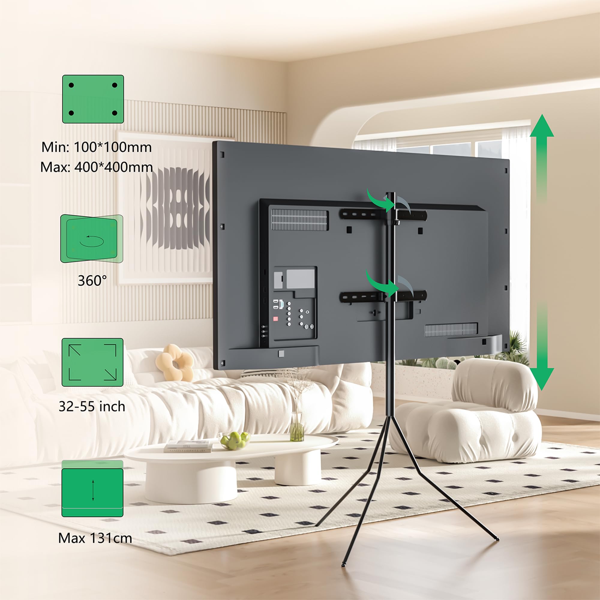 Tripod 400 TV Ständer Bodenständer Schwarz für 32–55 Zoll – Fernseher Ständer mit 360° Rotation, VESA bis 400x400 mm, 30 kg Traglast, mobiler TV Halterung & Ständer