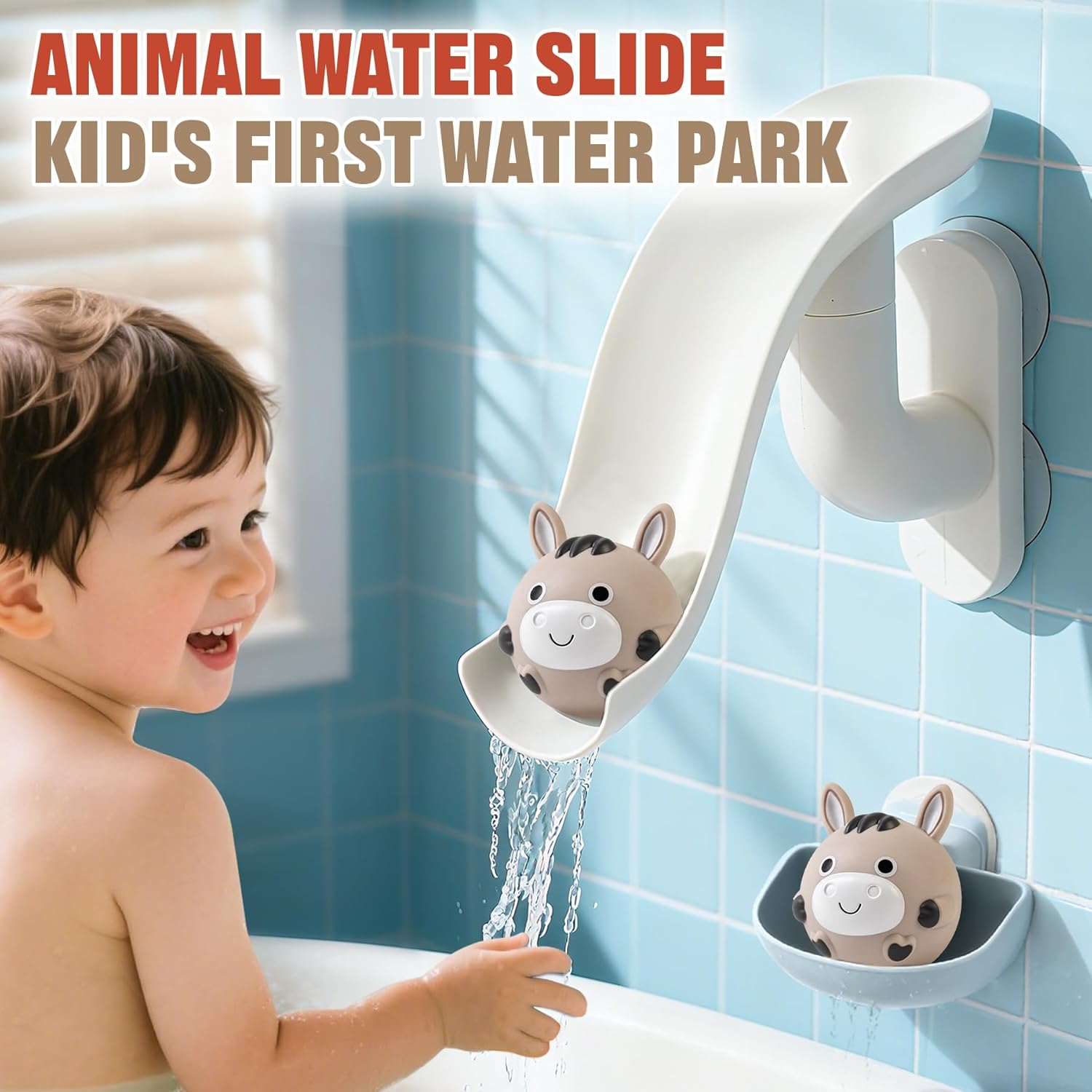 No-Hole Farm Bath Toys for Toddlers 1-3 | Slide, Basketball Hoop & 6 Animal Set | Easy to Clean & Dry Bathtub Play Gifts for Boys Girls