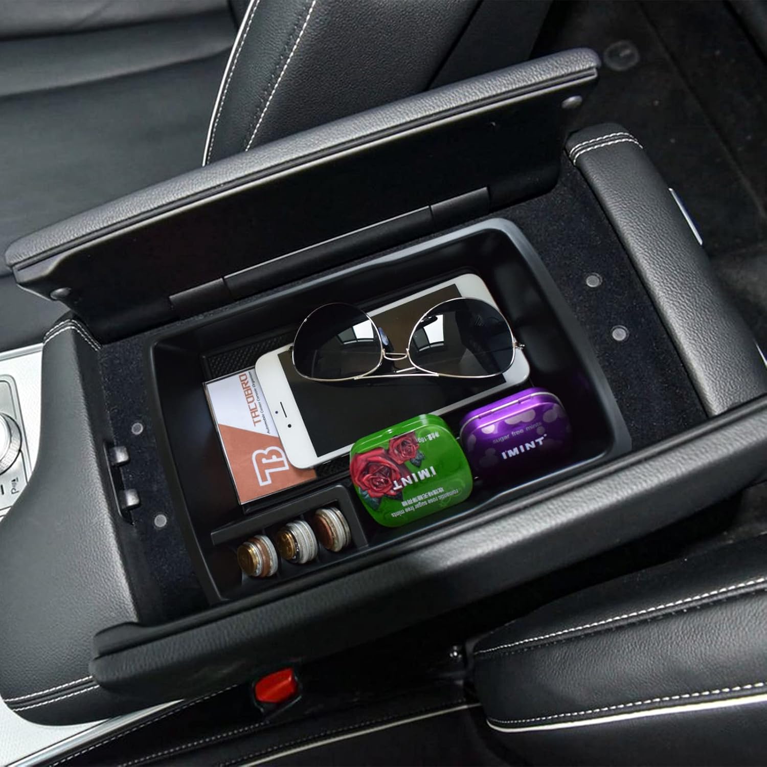 Center Console Organizer Tray Compatible with Genesis GV80 2021 2022 2023 2024 Accessories, Secondary Storage Armrest Glove Box - Black Trim (Not Fit 2025)