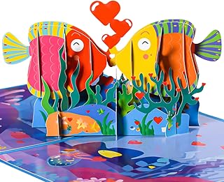 3D Pop-Up Kissing Fish Anniversary Card - Birthday, Wedding, Valentine's Day Gift for Couples, Him, Her | Includes Envelope, Blank Note Card, Seal Stickers & Wish Cards