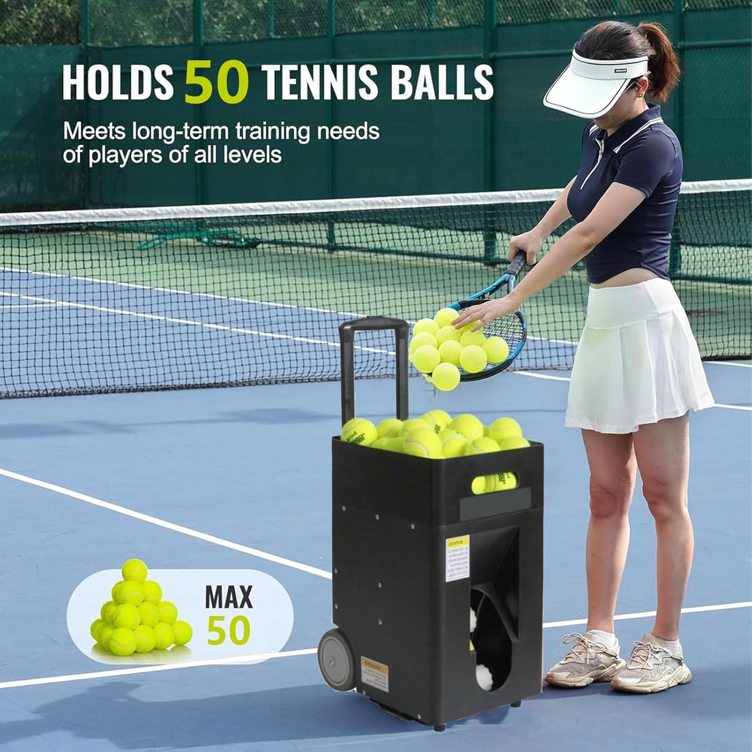 Portable Tennis Ball Machine, Three-Position Adjustable Pull Rod, Dual-Mode Control, Remote Control and Mobile Phone Control, No Worries for Single Person Training