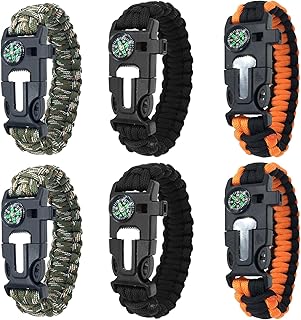 Lot de 6 Bracelets de Survie en Paracorde, 5 in 1 Bracelets de Survie, Allume-Feu en Silex et Acier, Sifflet, Boussole, Longueur de Bracelet Réglable pour Camping