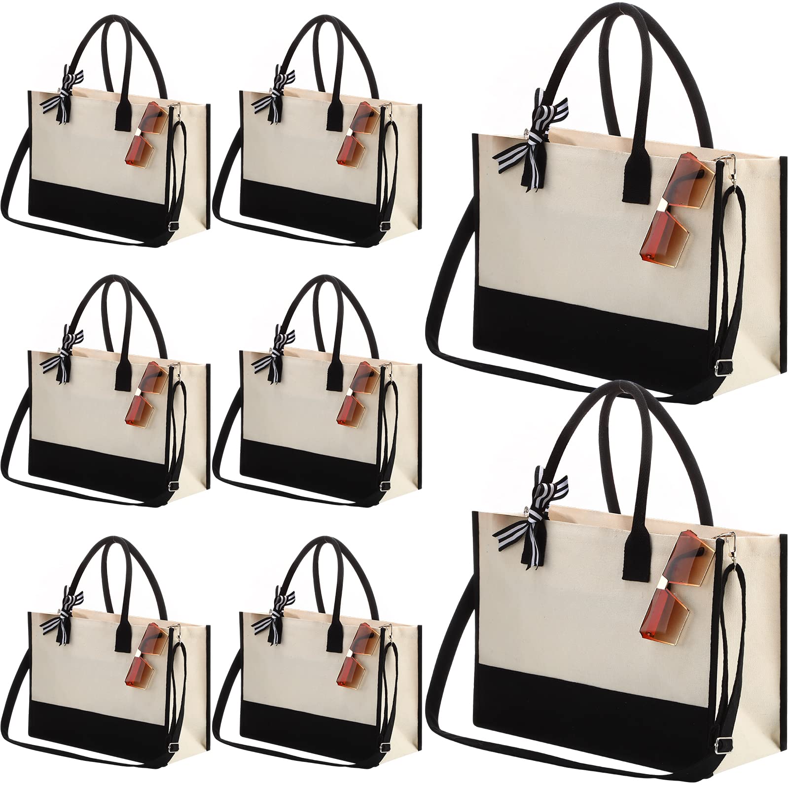 Aoriher 8 PCS Canvas Tote Bag with Shoulder Strap Zipper Opening Grocery Tote for Women Birthday Bridesmaid Gift Bag(Black)