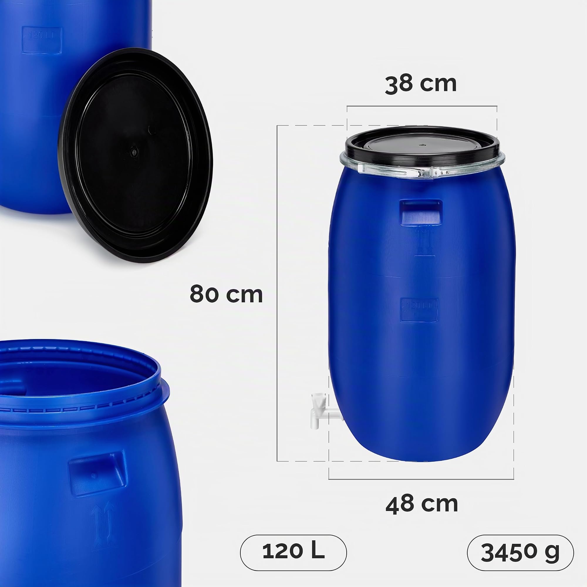 Garronda tanica acqua con rubinetto da 120 litri con coperchio, serbatoio in plastica HDPE per uso alimentare, perfetta per la conservazione di acqua, alimenti o come bidone per il giardino GD-0091