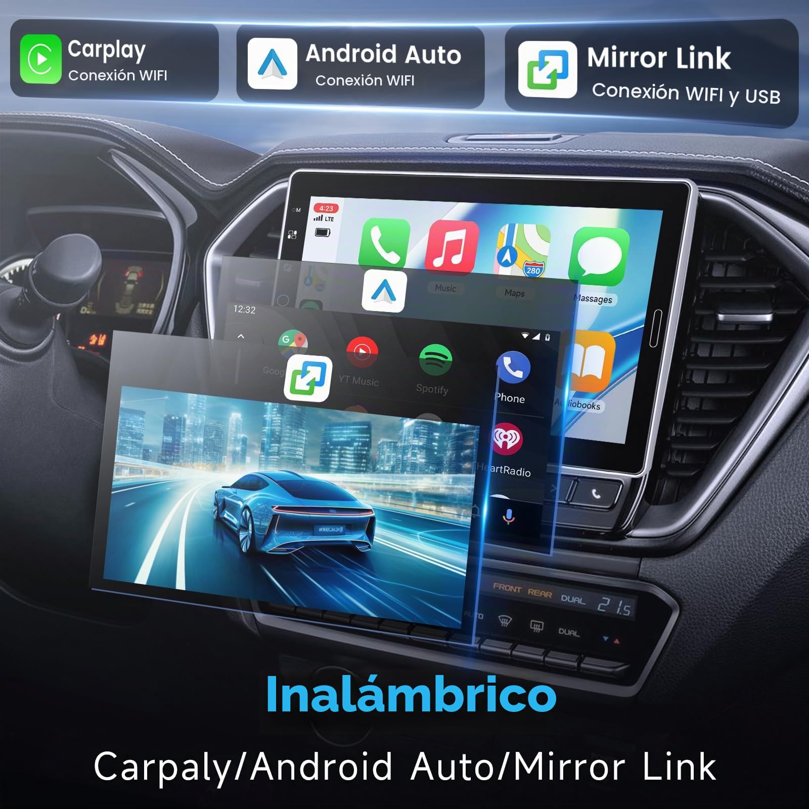 Hodozzy Radio Coche 1 DIN con Carplay Android Auto Inalámbrico, Pantalla Táctil 10,1 Pulgadas Bluetooth Radio FM/Am/RDS MirrorLink SWC EQ USB AUX Reproducción de vídeo en Línea, Cámara Trasera