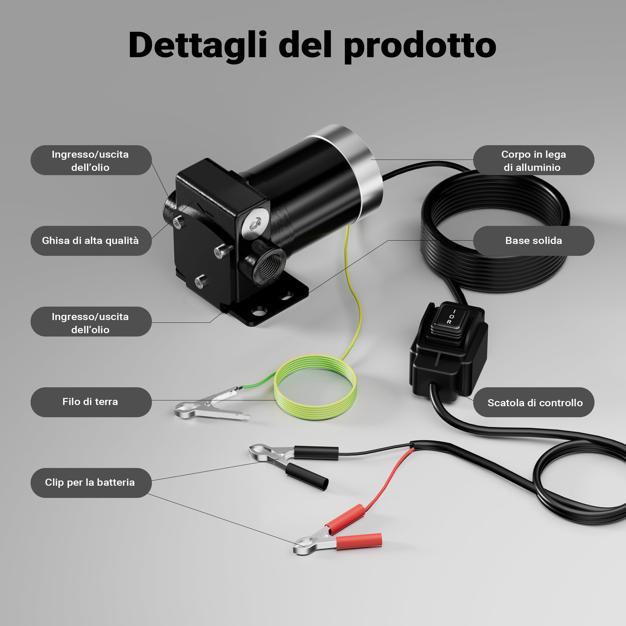 Wiltec Pompa travaso carburante 12 V 75 W, Pompa travaso gasolio/benzina, 14 l/min, 3200 giri/min, con accessori