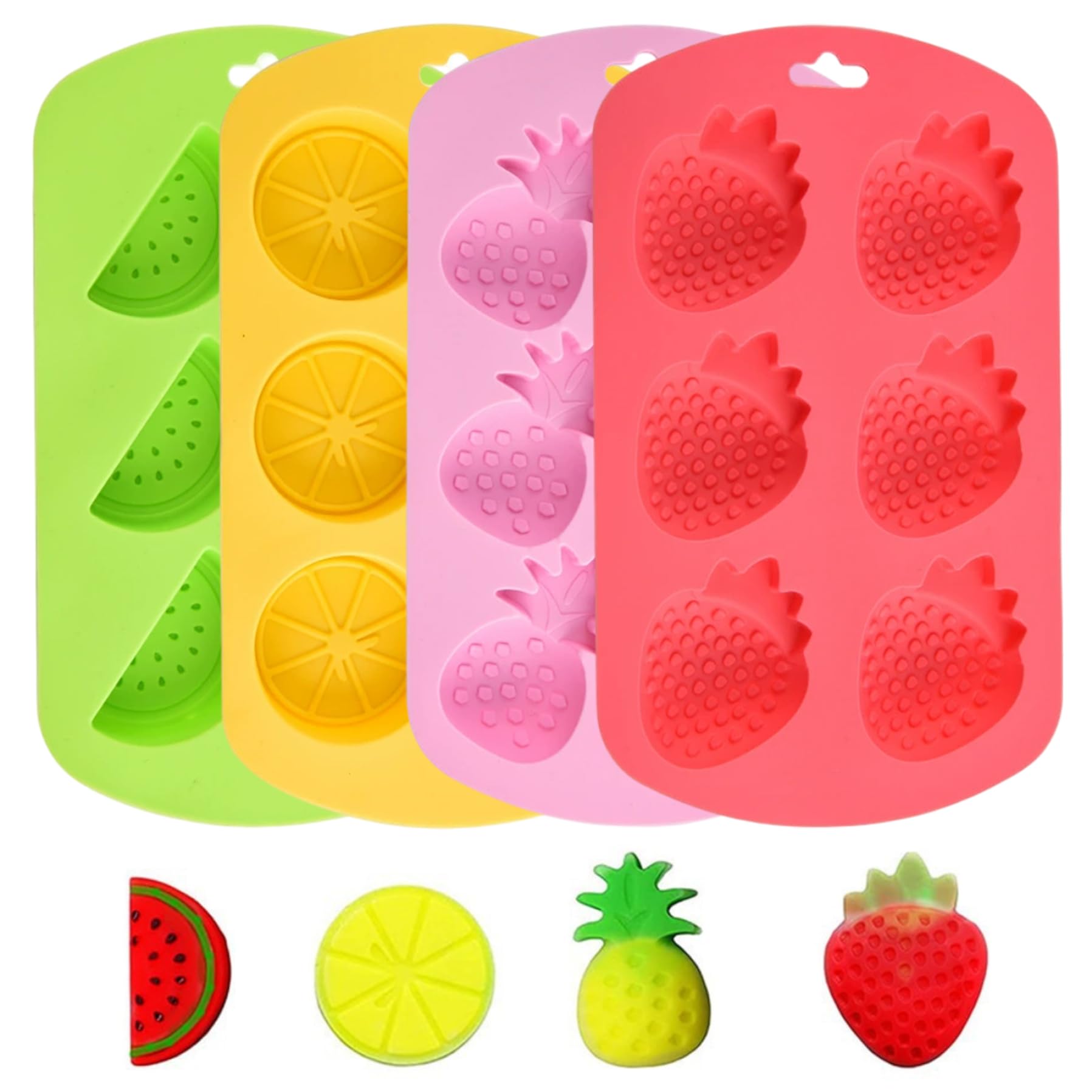 Lot de 4 moules à gommes en silicone, mignons, à bonbons, aux fruits, 6 cavités, dégagement facile, en forme de pastèque, fraise, citron, ananas, pour bricolage, gelée chocolat, collations