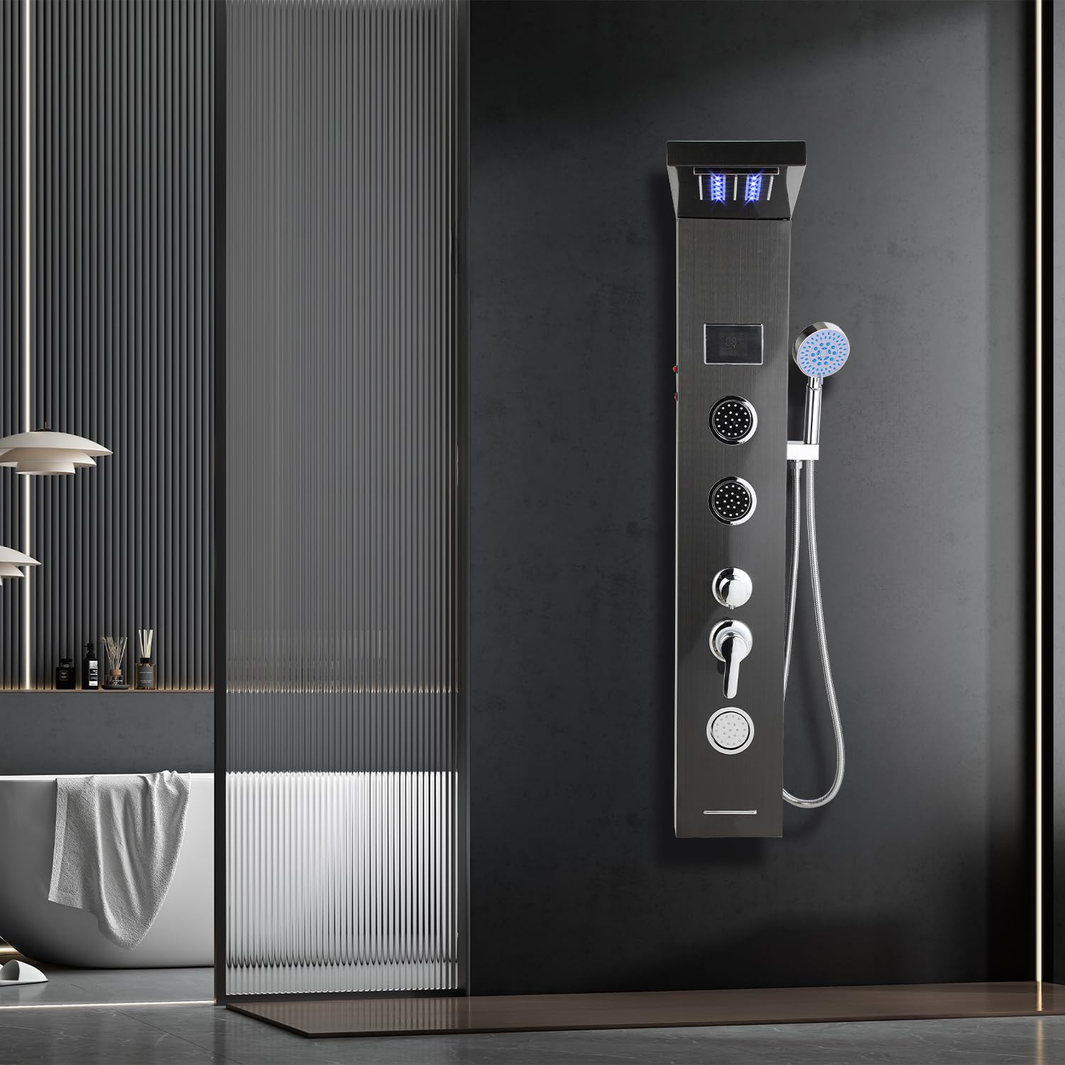 5-in-1 LED Duschpaneel – Duschsystem mit LED-Temperaturanzeige, Regendusche, verstellbaren Massagedüsen, Schwarz Design, Wandmontage für modernes Badezimmer