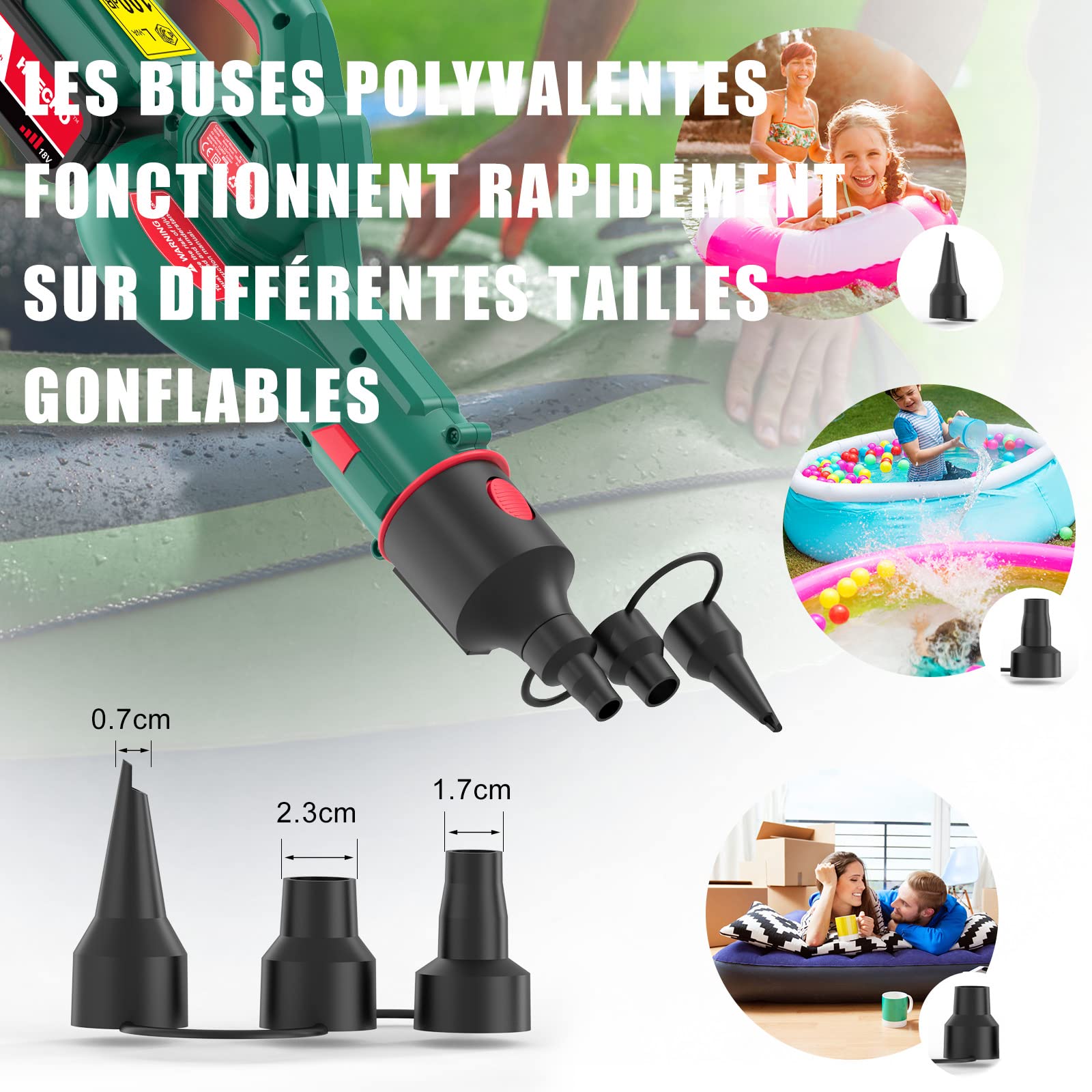 Souffleur Batterie, 223km/h Souffleur de Feuilles, 18V 4,0Ah Batterie, avec Buse de Gonflable 3pcs, Souffleur sans Fil Légère et Ergonomique, Idéal pour Le Jardin