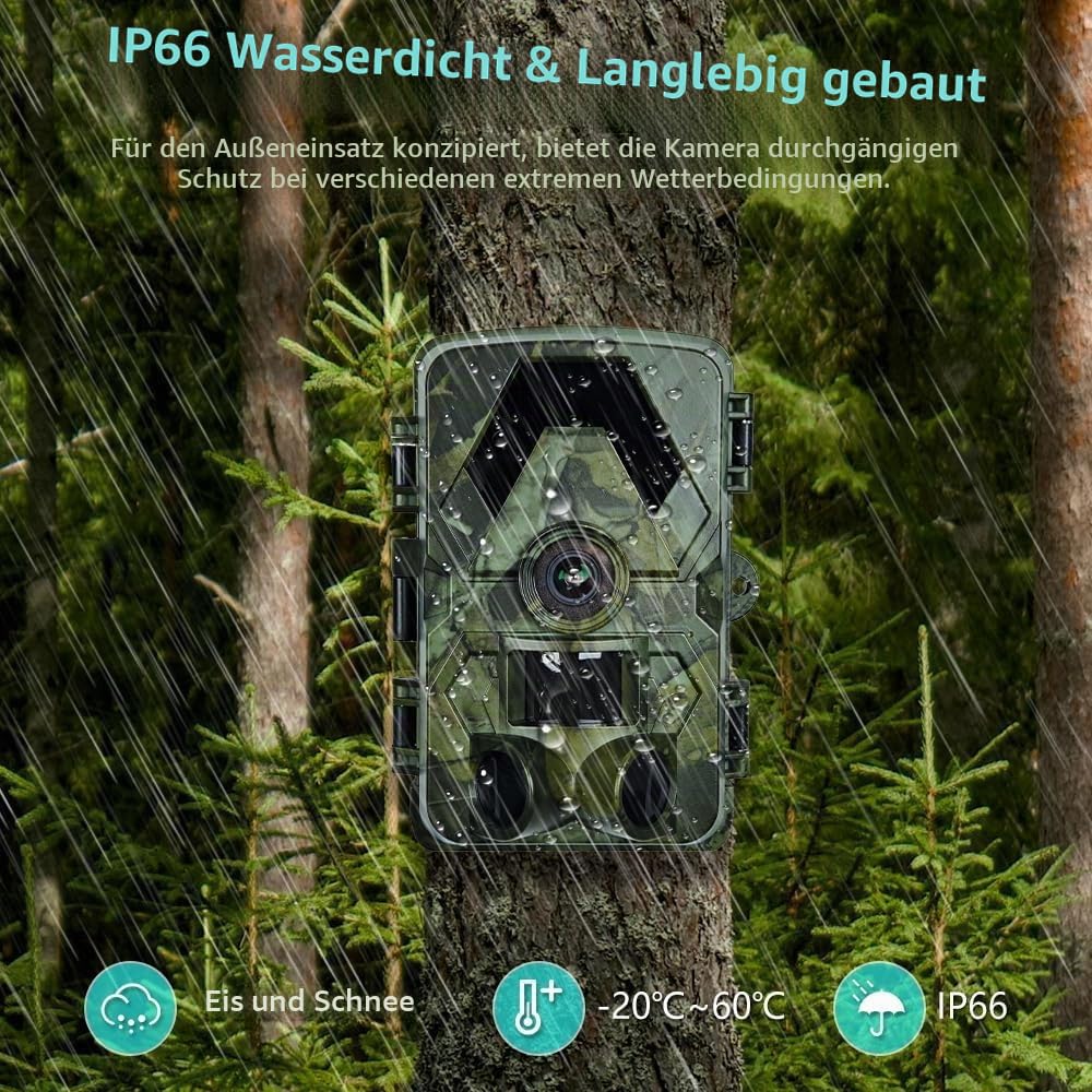 Wildkamera 5K 60MP, 98FT Nachtsicht & 0,05s Auslösezeit, IP66 Wasserdicht, 130° Weitwinkel, Bewegungsmelder, 32GB SD-Karte + 8X AA-Batterien – Ideal für Garten, Jagd & Outdoor