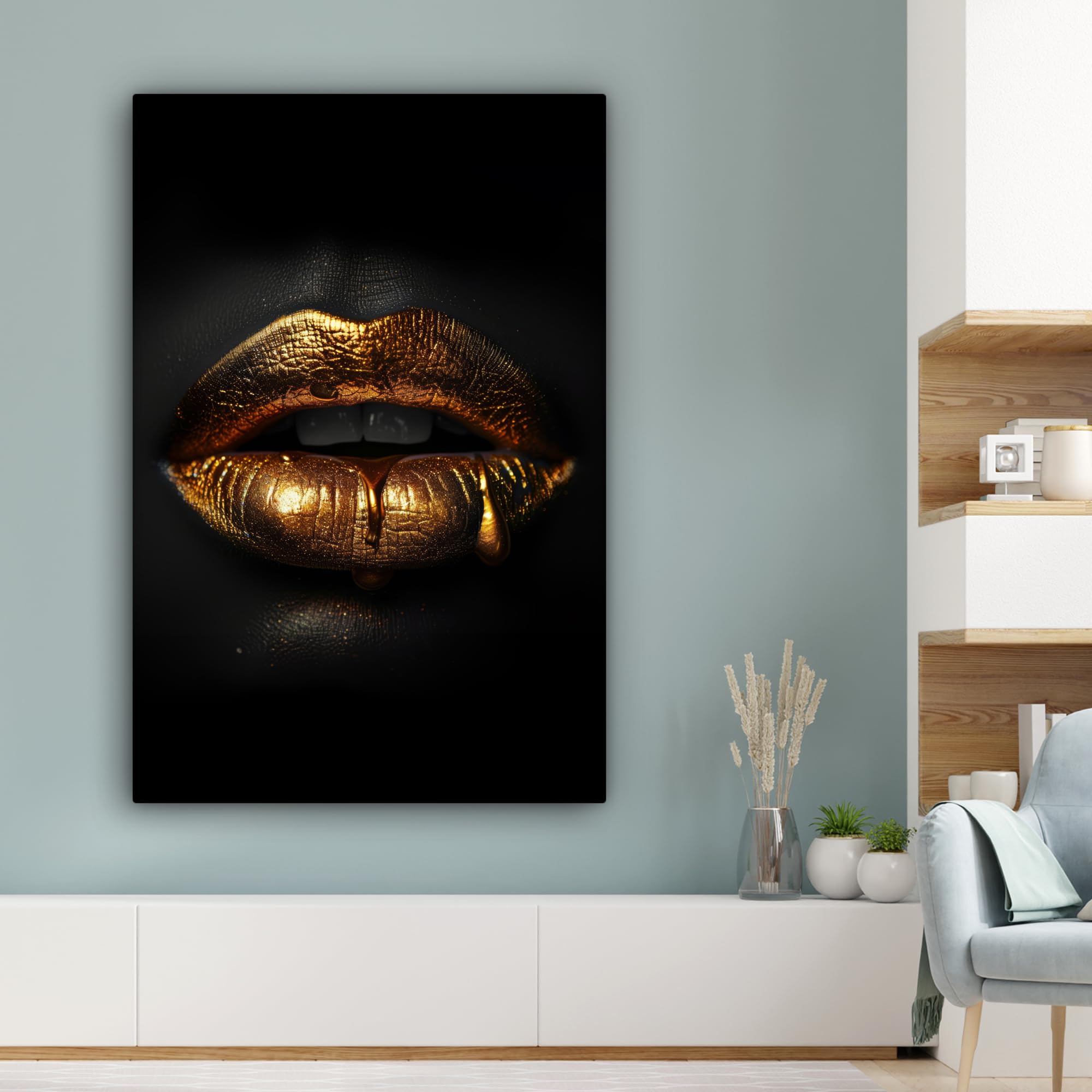 MuchoWow© Stampa di Foto su Tela Quadro Soggiorno Moderno Quadri per | 80x120 cm - Salotto Decorazioni Camera Donna - Ritratto - Labbra - Oro - Nero