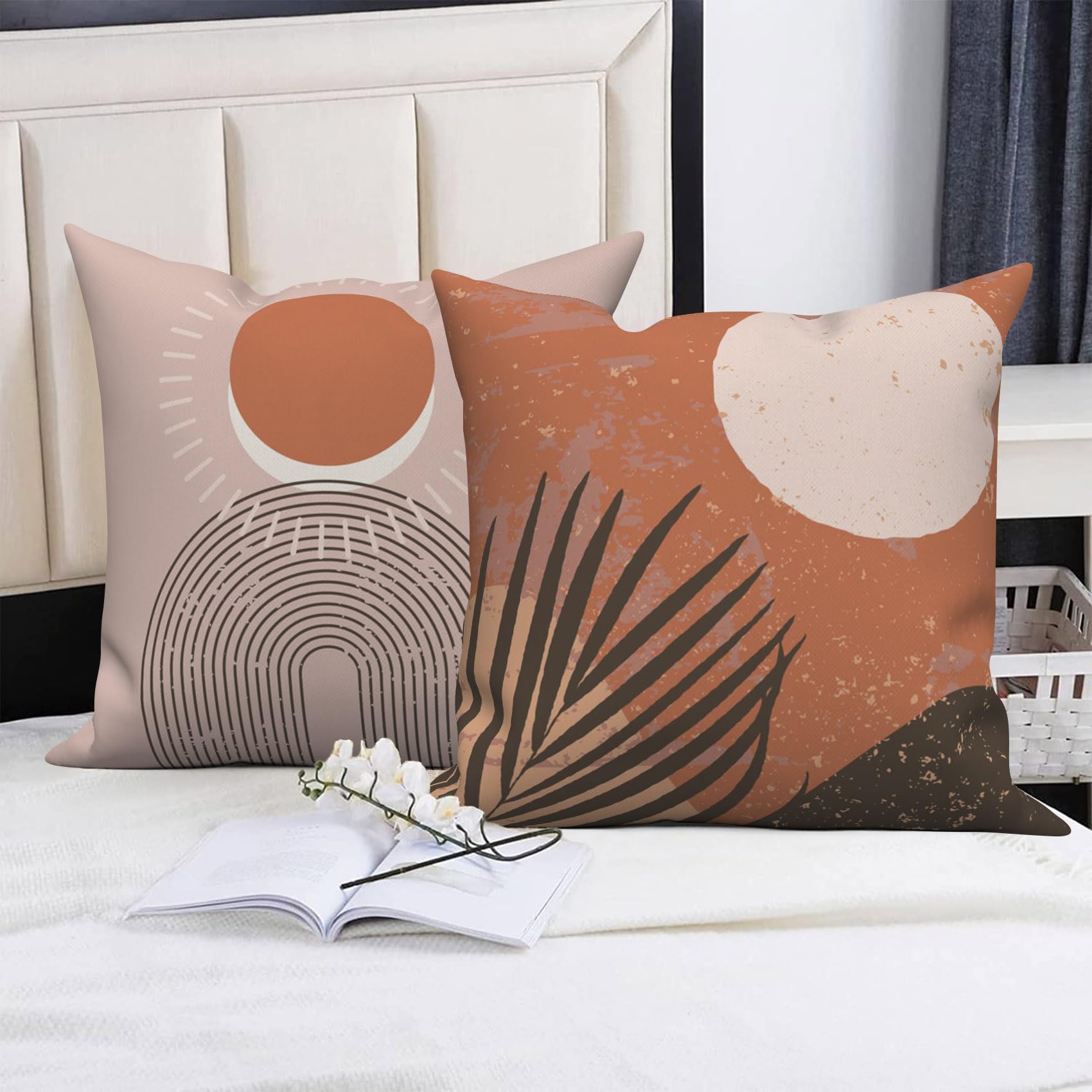 Lot de 4 housses de coussin décoratives de style bohème 66 x 66 cm, taies d'oreiller décoratives abstraites en lin beige et terre cuite pour canapé, voiture (coussin non inclus)