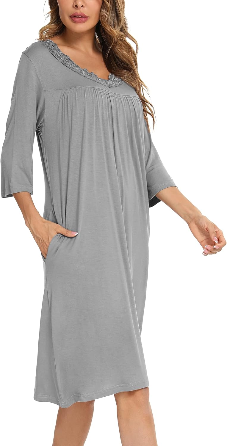 YYA Nightgowns for Women 3/4 Sleeve Sleepwear Lace Comfy Sleep Gowns Pleated V Neck Plus Size Nightshirt S-4XL - Image 5
