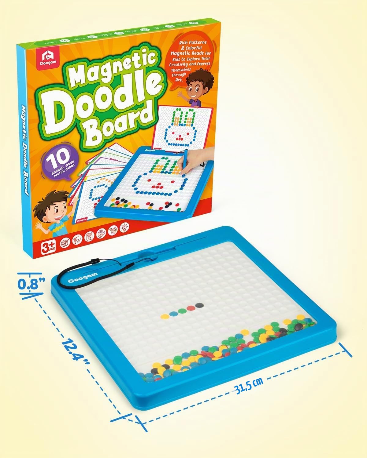 Coogam Magnetic Drawing Board Large Magnet Doodle Board with Pen and Dot Beads, Color Shape Pattern Art Pad, Montessori Educational Traveling Toy Gift for 3 4 5 6 Years Old Toddlers