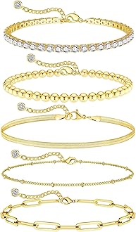 BOUTIQUELOVIN14K Gold Chai14K Gold Chain Bracelets Set for Women, Dainty Paperclip Link Bead Stackable Layered Bracelets Metal Fashion Jewelry