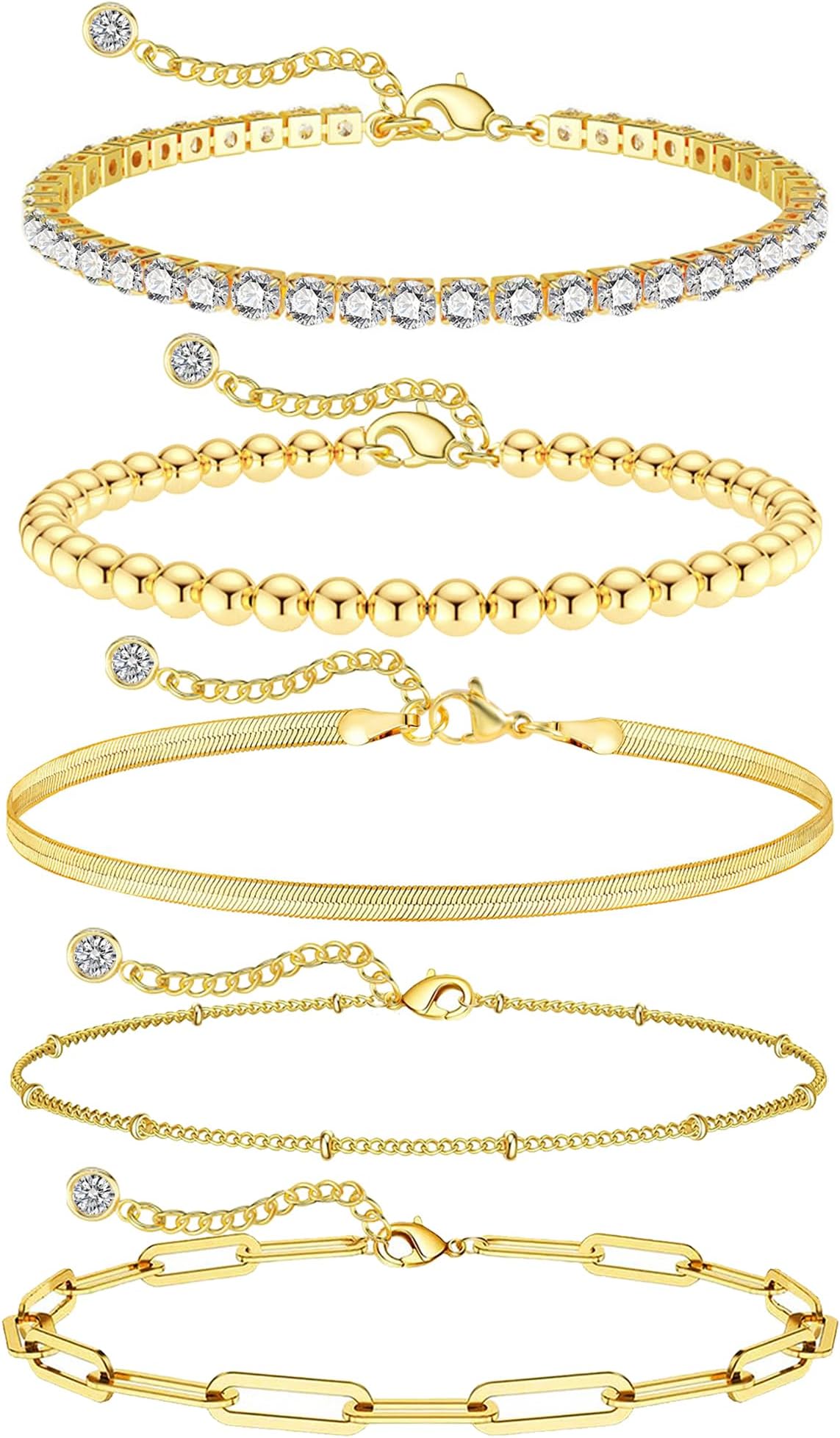 BOUTIQUELOVIN14K Gold Chai14K Gold Chain Bracelets Set for Women, Dainty Paperclip Link Bead Stackable Layered Bracelets Metal Fashion Jewelry