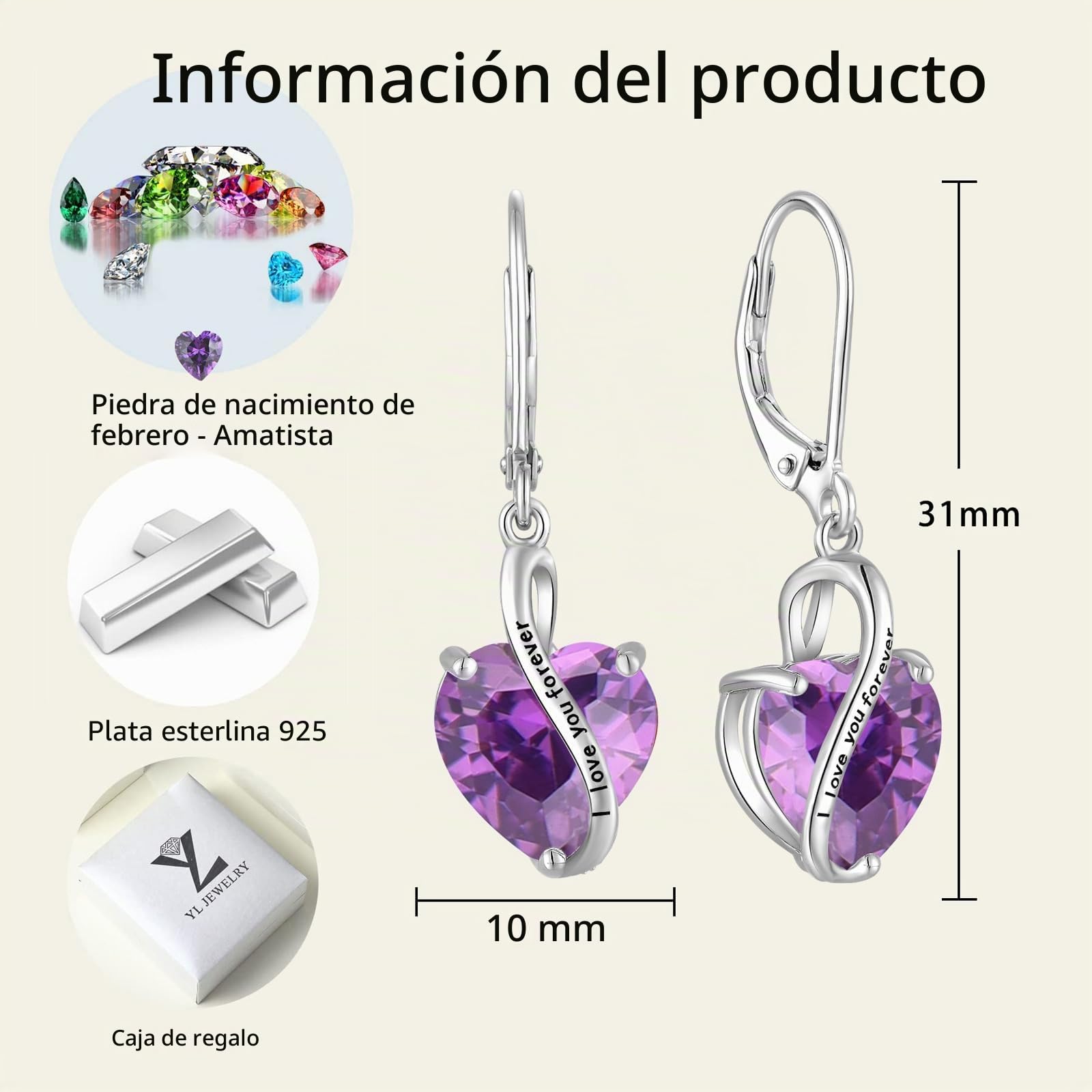 YL Pendientes Corazón Plata de Ley 925 con 12 piedras de Nacimiento Circonita "I love you" Pendientes para Mujer