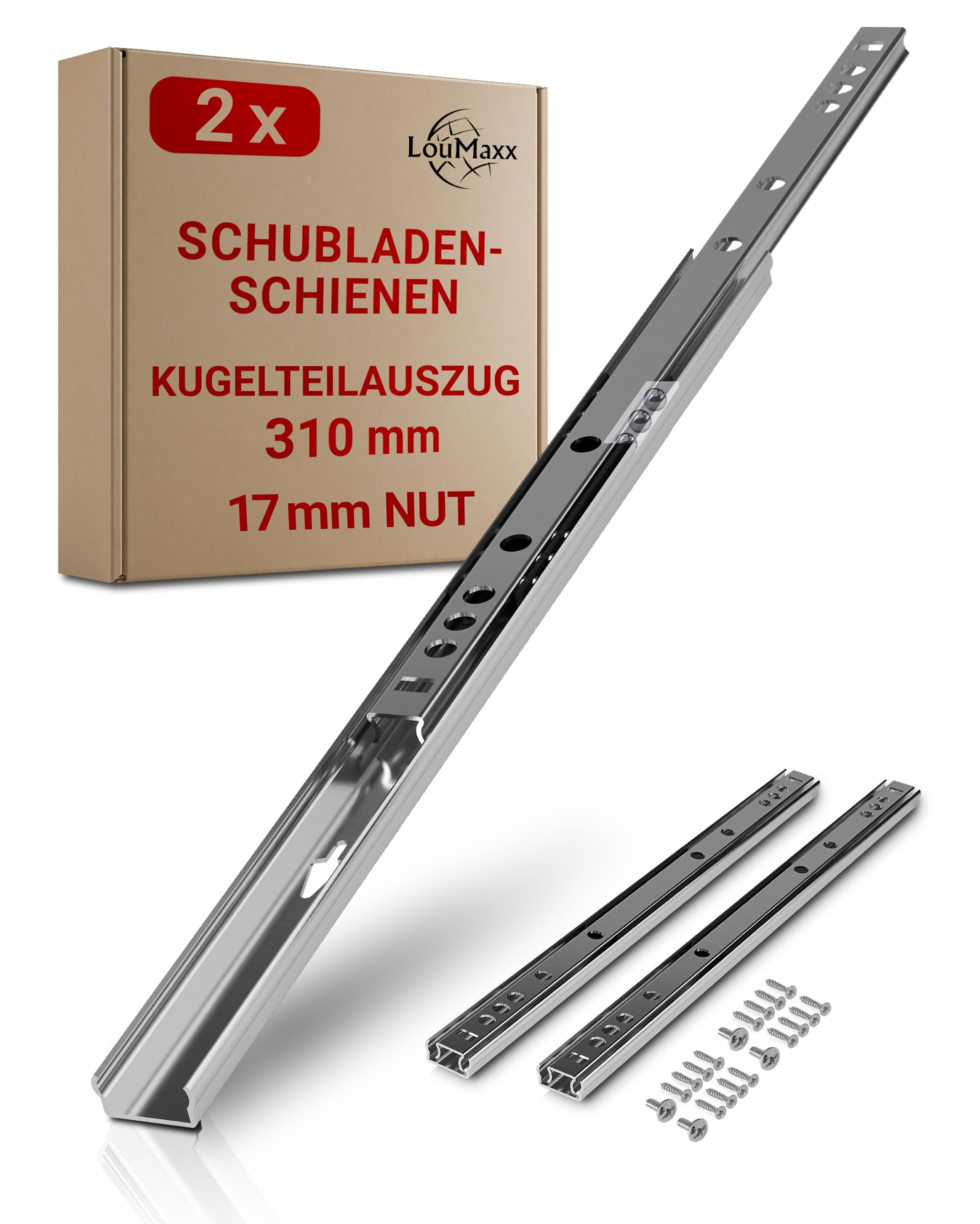 LouMaxx Schubladenschienen 310mm 17mm Nut – 1 Paar (links/rechts) – Auszugsschienen mit Ausrollsicherung – Schubladenauszug für Holzschubladen mit 17mm Führung, einfache Montage, inkl. Schrauben