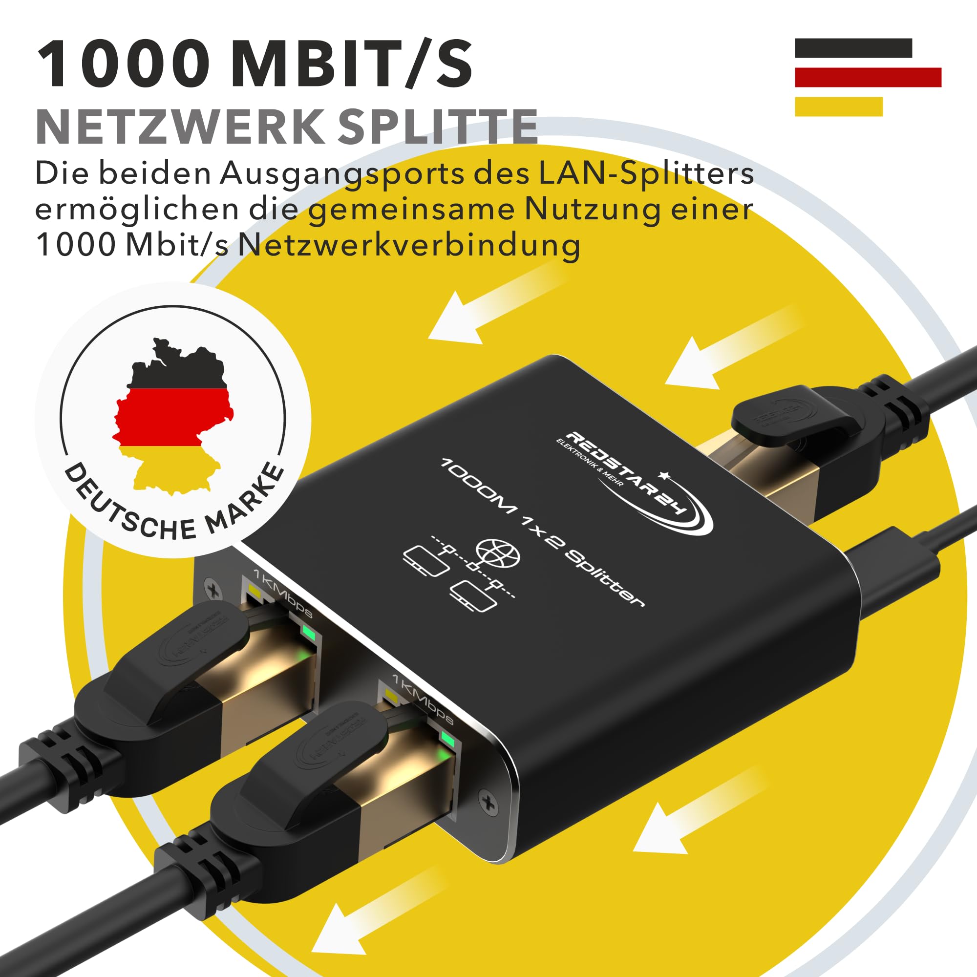 RedStar24 Splitter LAN 1 a 2, 1000 Mbps Gigabit Ethernet con cavo di alimentazione di tipo C, splitter di rete plug and play a 2 porte e distributore per computer, router, TV digitale, cavo di rete e