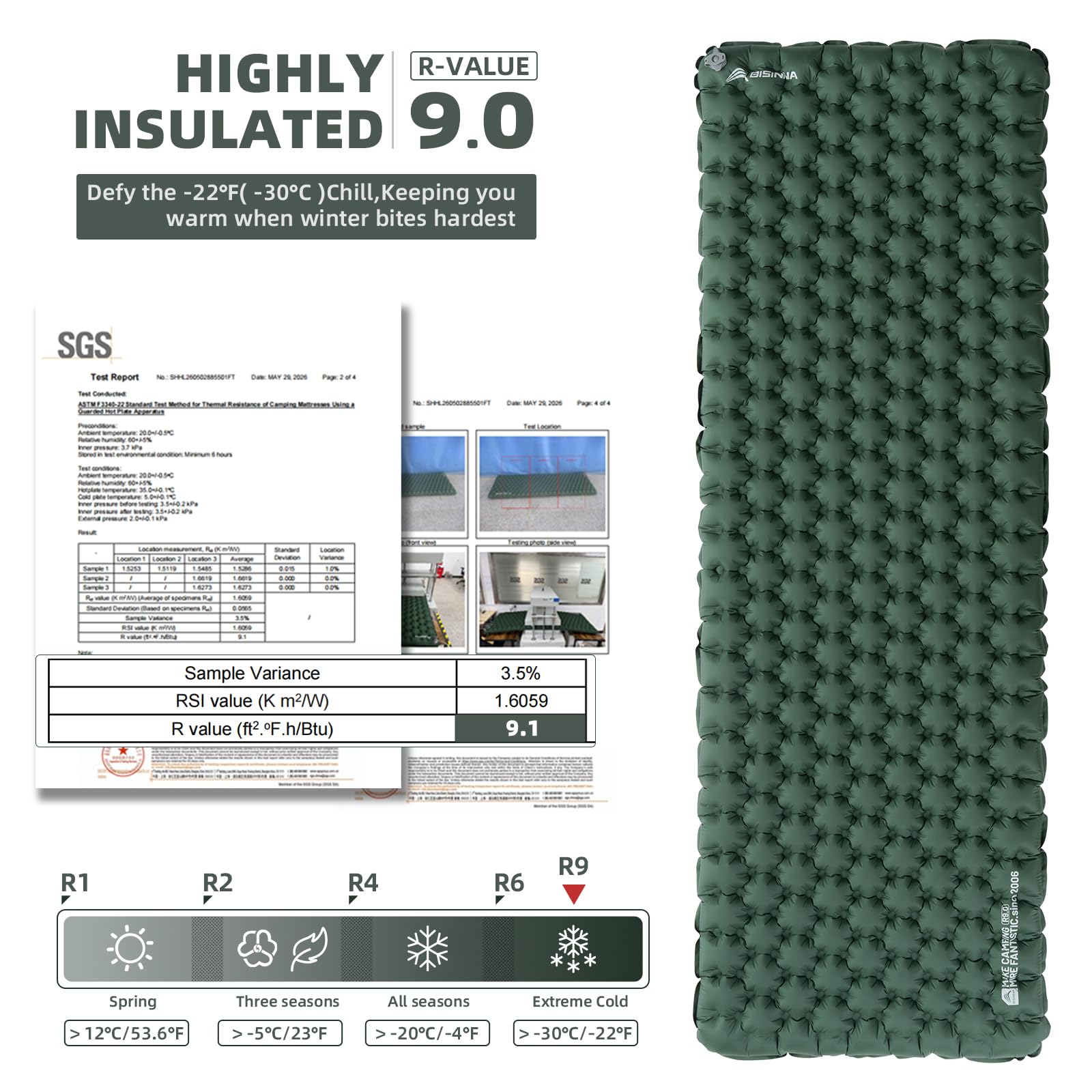 BISINNA Colchoneta de dormir ultraligera con aislamiento 9R, colchoneta inflable para acampar y mochileros, 900 g