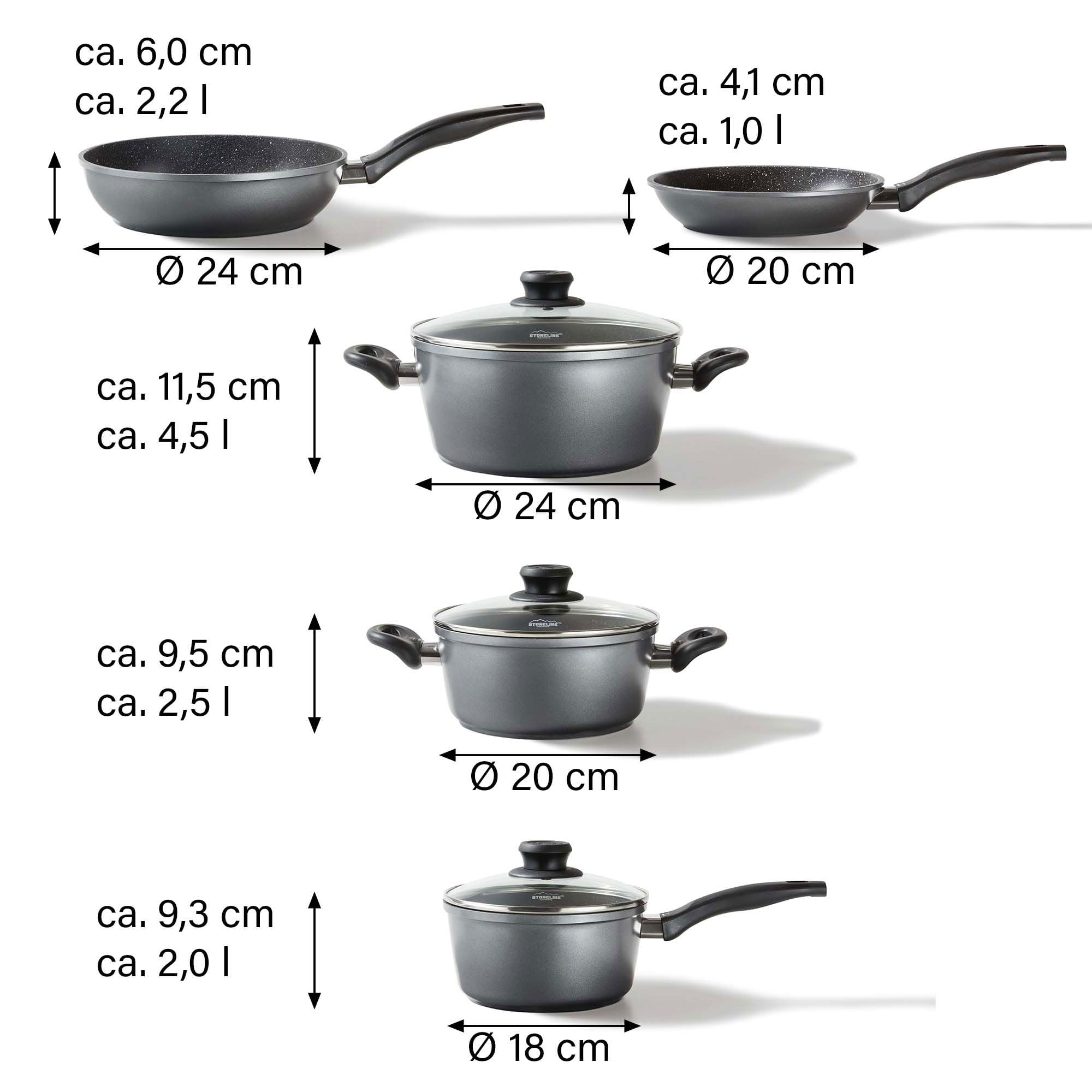 STONELINE Topfset Induktion, 8-teiliges Topfset mit Deckel, Kochtopf Set beschichtet mit echten Steinpartikeln, Aluguss Töpfe und Pfannen geeignet für alle Herdarten