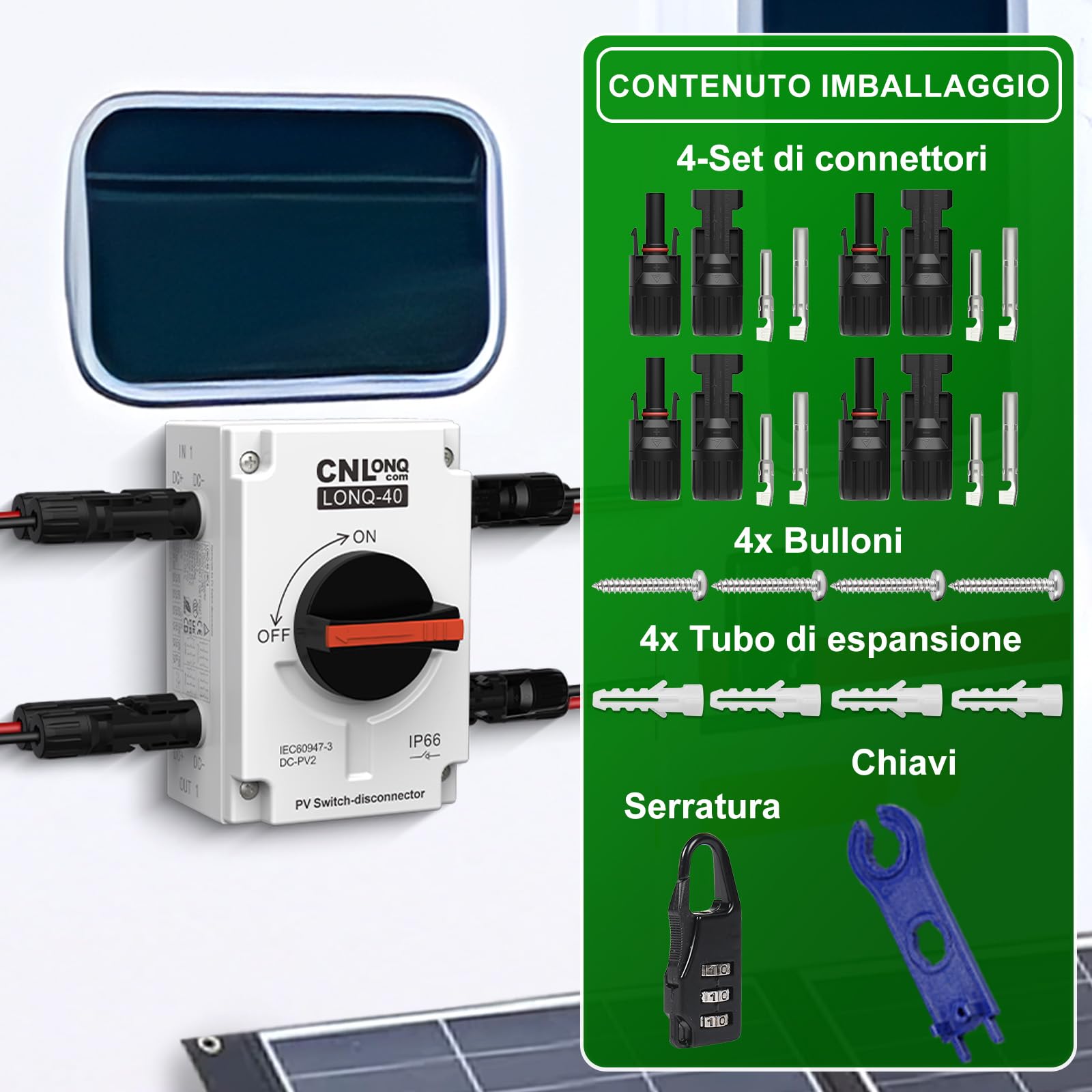 Sezionatore solare 32 Amp DC1200V 2 ingressi 2 uscite Interruttore di Separazione con involucro impermeabile IP66 per sistemi solari su tetto, camper e barche