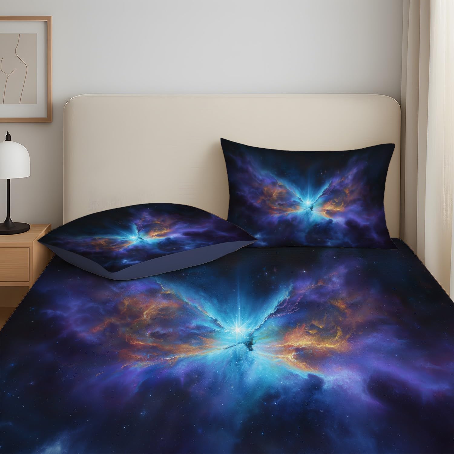 Cosmic Galaxy pojedyncze prześcieradła z gumką, 30 cm głębokości, mistyczna mgławica, marzycielska przestrzeń, miękka szczotkowana mikrofibra, odporne na blaknięcie, oddychające prześcieradło 90 x 190