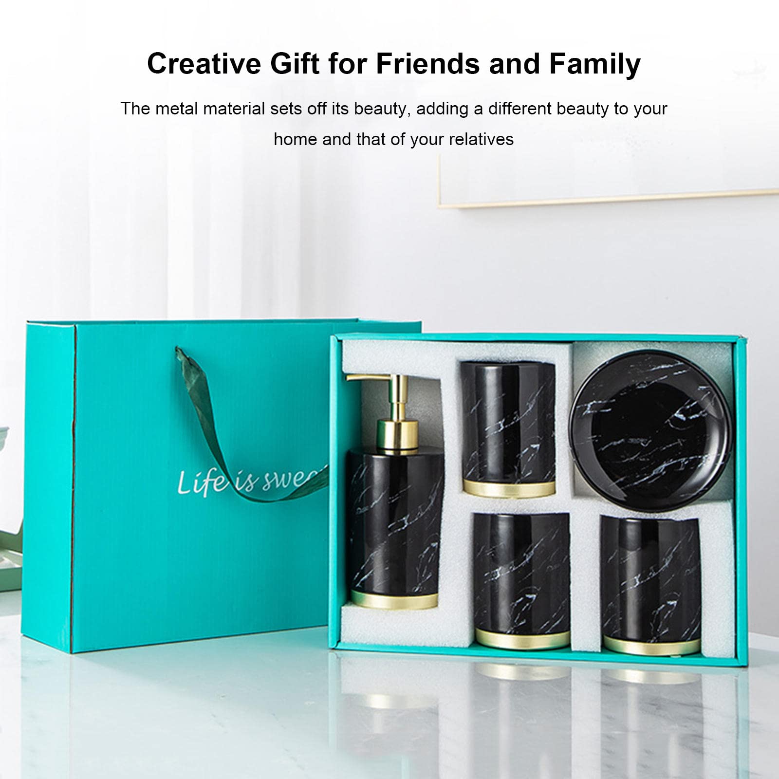 Juego de accesorios de baño, juego de accesorios de baño de cerámica, juego de baño de mármol de 5 piezas, ideas de regalo para el hogar para artículos de decoración del hogar (negro)
