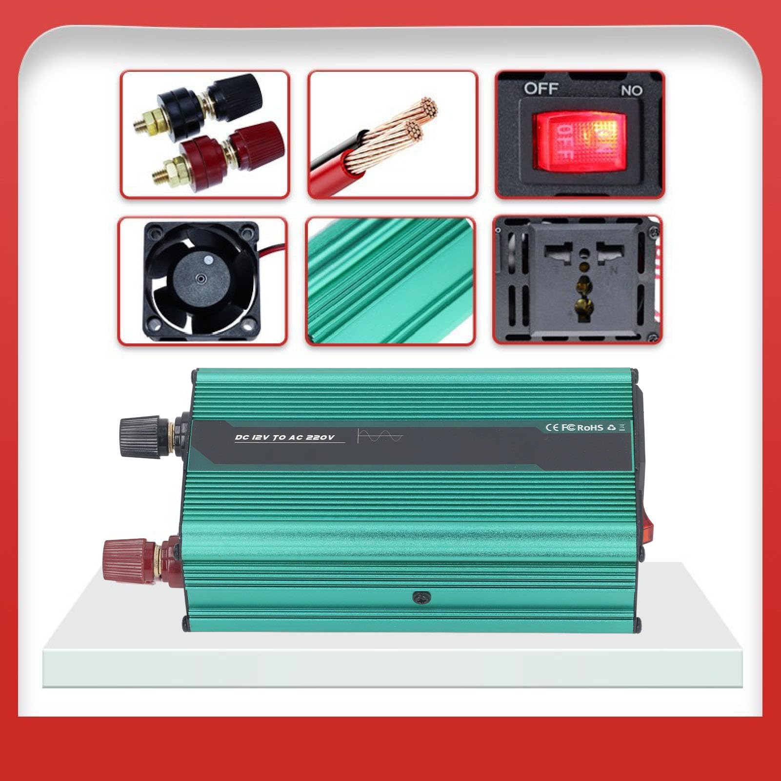 FTVOGUE Przetwornica Czystej Fali Sinusoidalnej 300 W Przetwornica Mocy ze Stopu Aluminium 12 V DC na 220 V AC z USB 5 2 A 6 Trybów Ochrony dla Samochodów Kemping Solar Elektronika Zewnętrzna