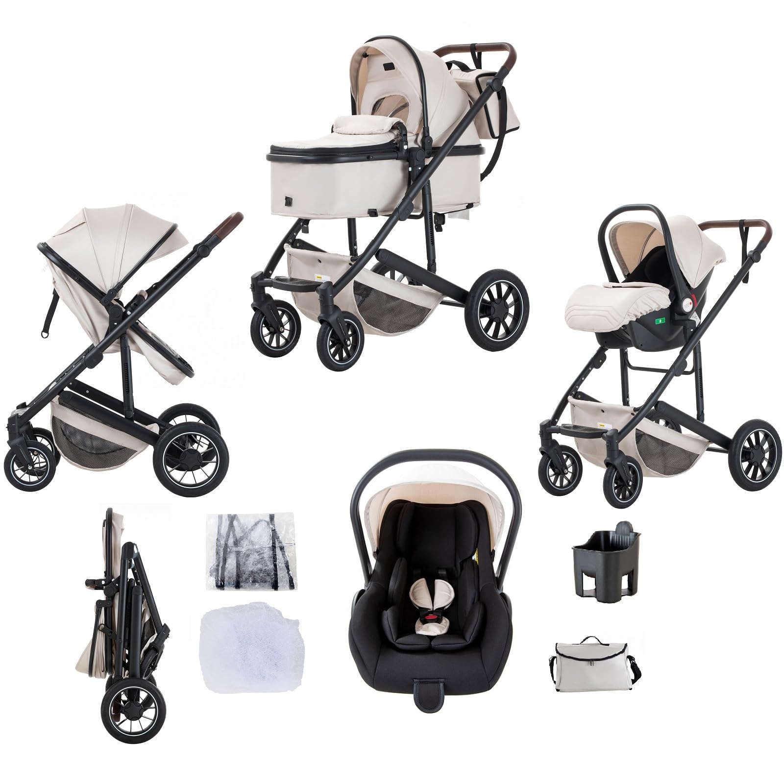 Poussette 3 in 1 Beige - Ensemble avec Siège Auto, Tout Terrain avec Poignée Réglable, Panier de Couchage et Nacelle avec Couvre-Pieds Surélevé, 0-4, 22KG