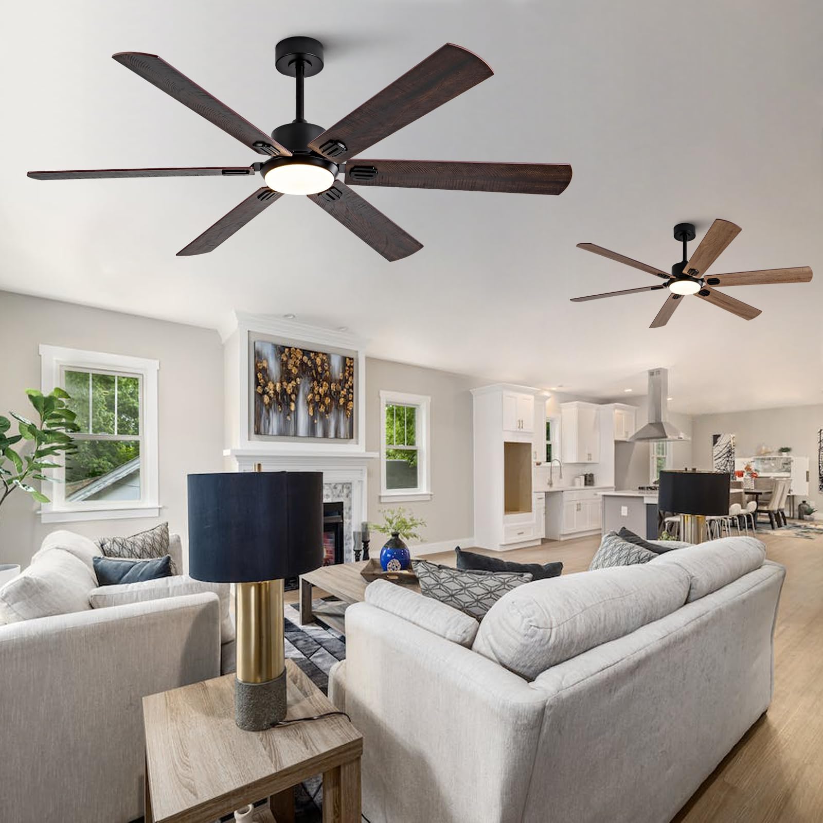 60 Inch Ceiling Fans with Lights and Remote,Large Modern Black Ceiling Fan with Light for Indoor,6 Blades,3 Color Dimmable LED Light,Reversible 6 Speeds,Memory Function,Quiet DC Motor