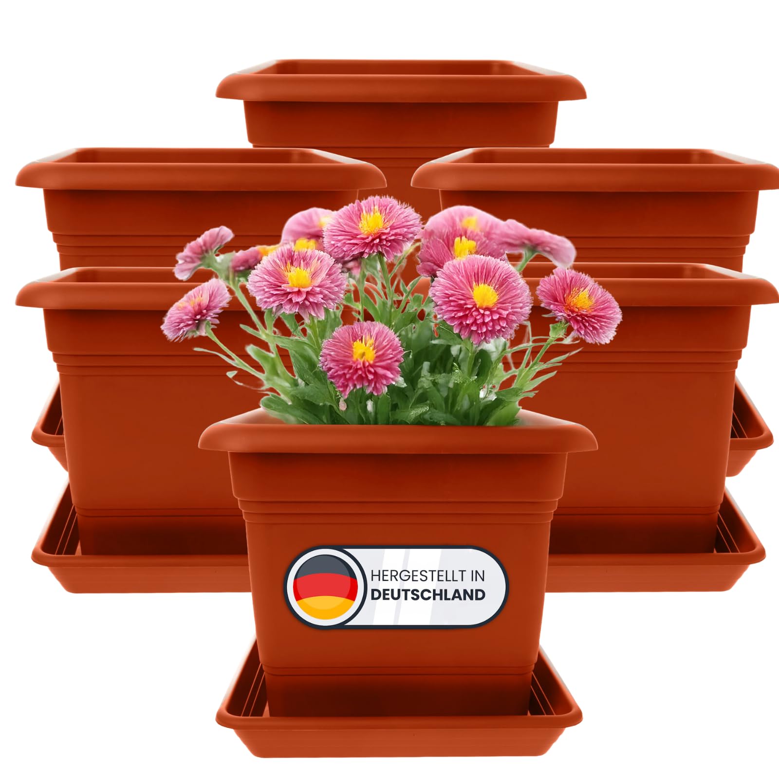 2friends Lot de 6 pots de fleurs carrés - 28 x 28 cm - Terracotta - Grand pot de fleurs robuste pour l'extérieur - Pot idéal pour les plants de tomates - Pot de fleurs carrés en plastique pour jardin