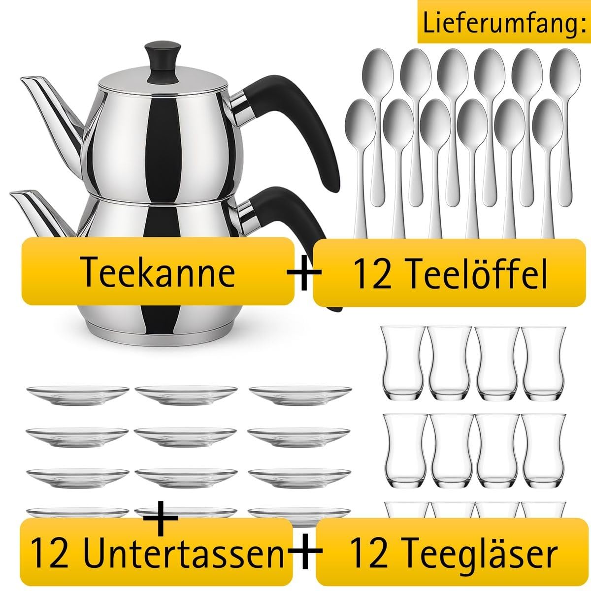 Caydanlik Teekanne Edelstahl 2-stöckig – Türkischer Teekocher induktionsgeeignet – mit Teegläsern oder nur Kanne Größe Kanne 1,5L, Farbe Glas-Set 12er