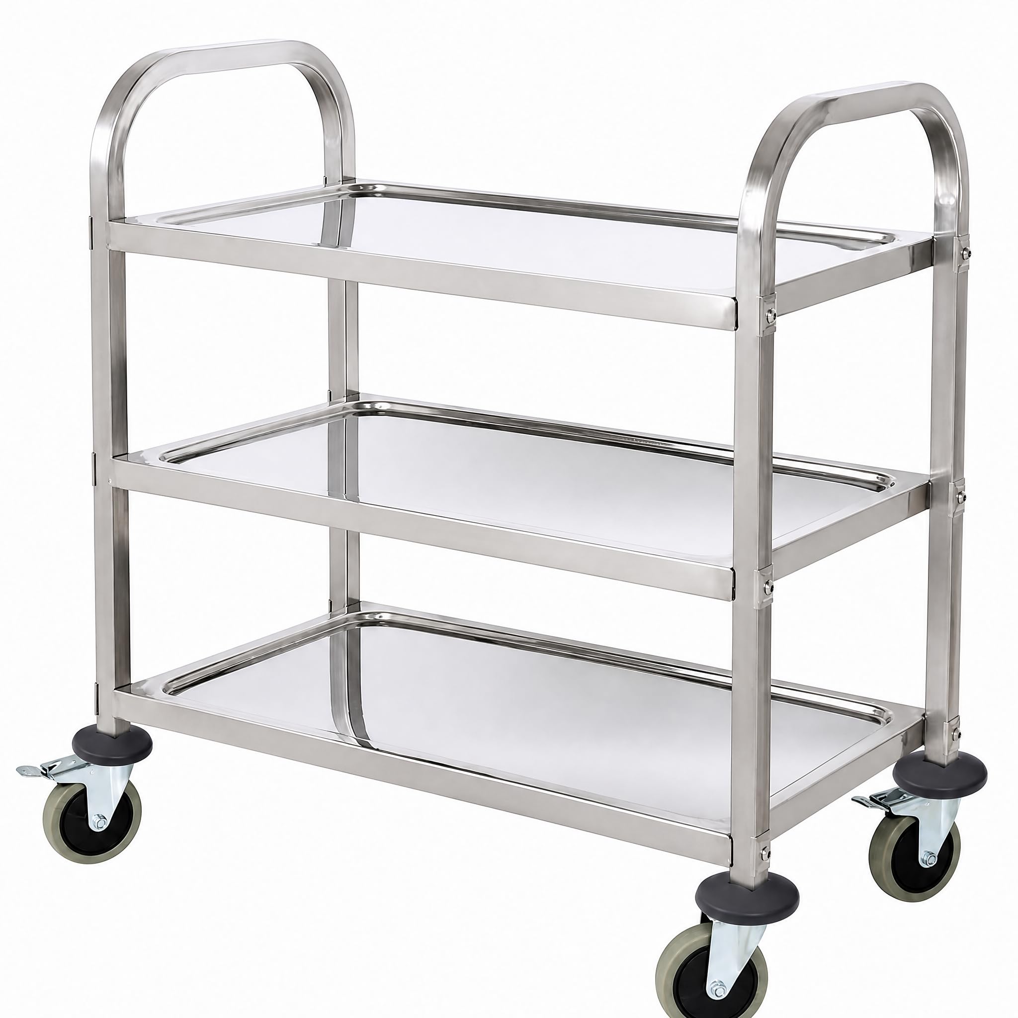 Carrito de Servicio Acero Inoxidable 3 Estantes, 4 Ruedas Giratorias (2 con Freno) (72x40x82 cm, 150 kg) – Carro de Cocina Multifuncional para Restaurante, Laboratorio, Hostelería