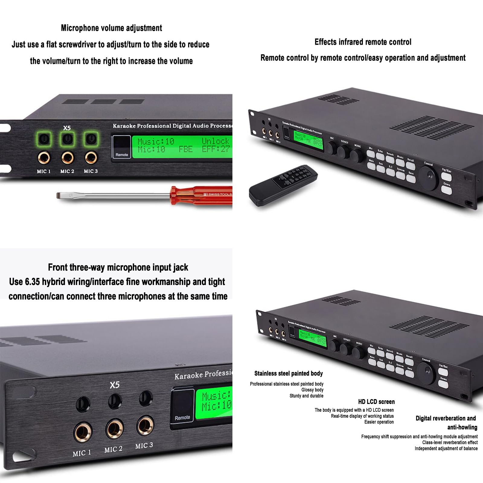 Procesador de audio con reverberación digital, antiaullidos, pantalla LCD HD, volumen ajustable, conecta hasta 3 micrófonos, ideal para rendimiento y amplificador de escenario