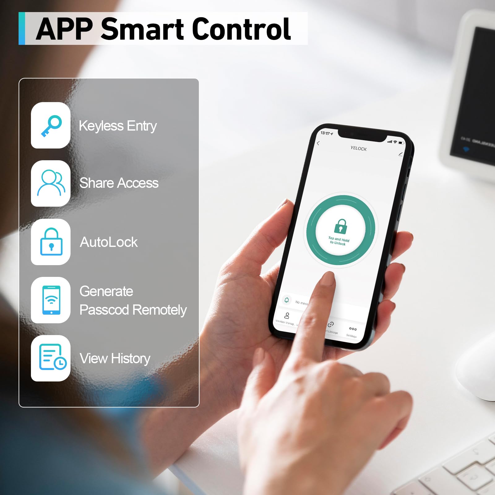 Serrure de porte électrique intelligente avec empreinte digitale, Smart Lock pour porte intérieure – Serrure électronique à empreinte digitale avec Bluetooth, mot de passe, application, carte IC et