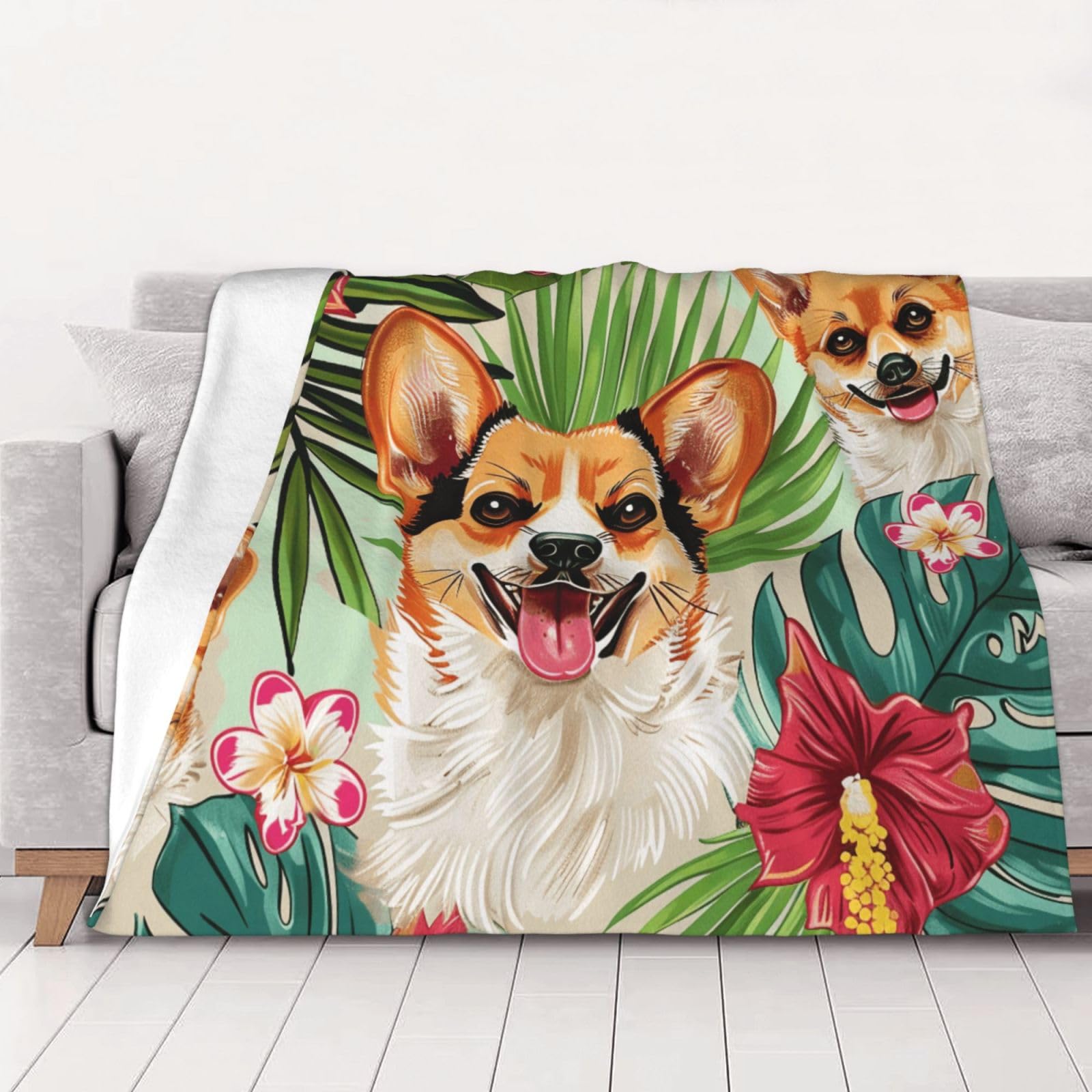 AUBKFELD tropical flower and corgi Printed Flannel Blanket 125x100 CM, Soft & Warm Throw Blanket for Sofa/Couch/Bed/Car, Gifts for Audlts Women Men