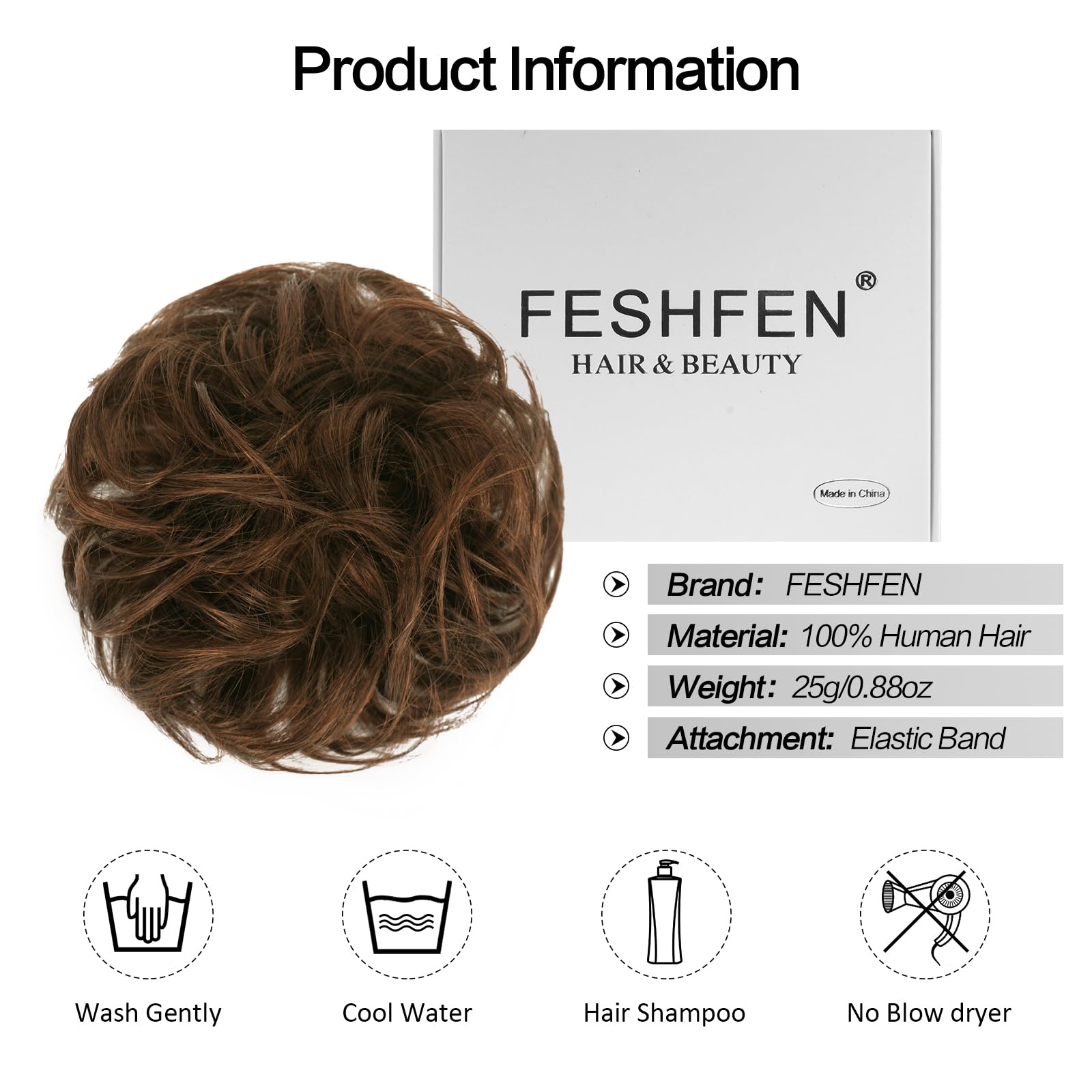 FESHFEN Postiche Chignon Naturel - 100% Humains Cheveux Ondulés Chouchou Postiches Extension Elastique pour Femme, Blond mélangé Chatain Clair